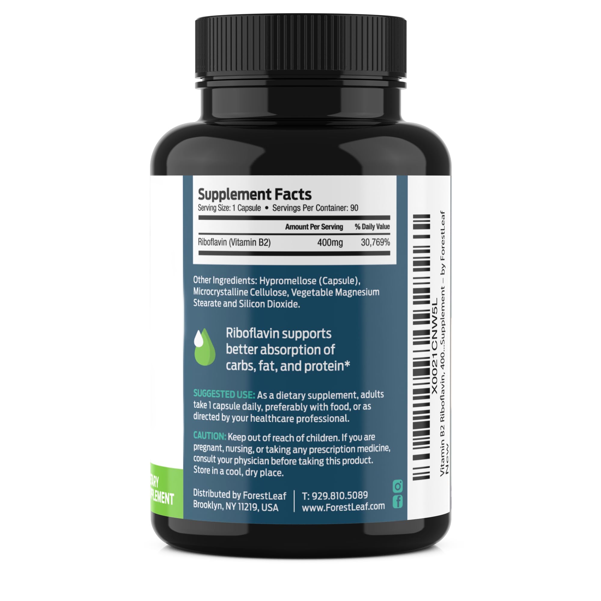 ForestLeaf Vitamin B2 Riboflavin 400mg - Energy, Skin & Cellular Health Supplement - Nervous System Support - Vitamin B 2 VIT B - Non-GMO & Gluten Free