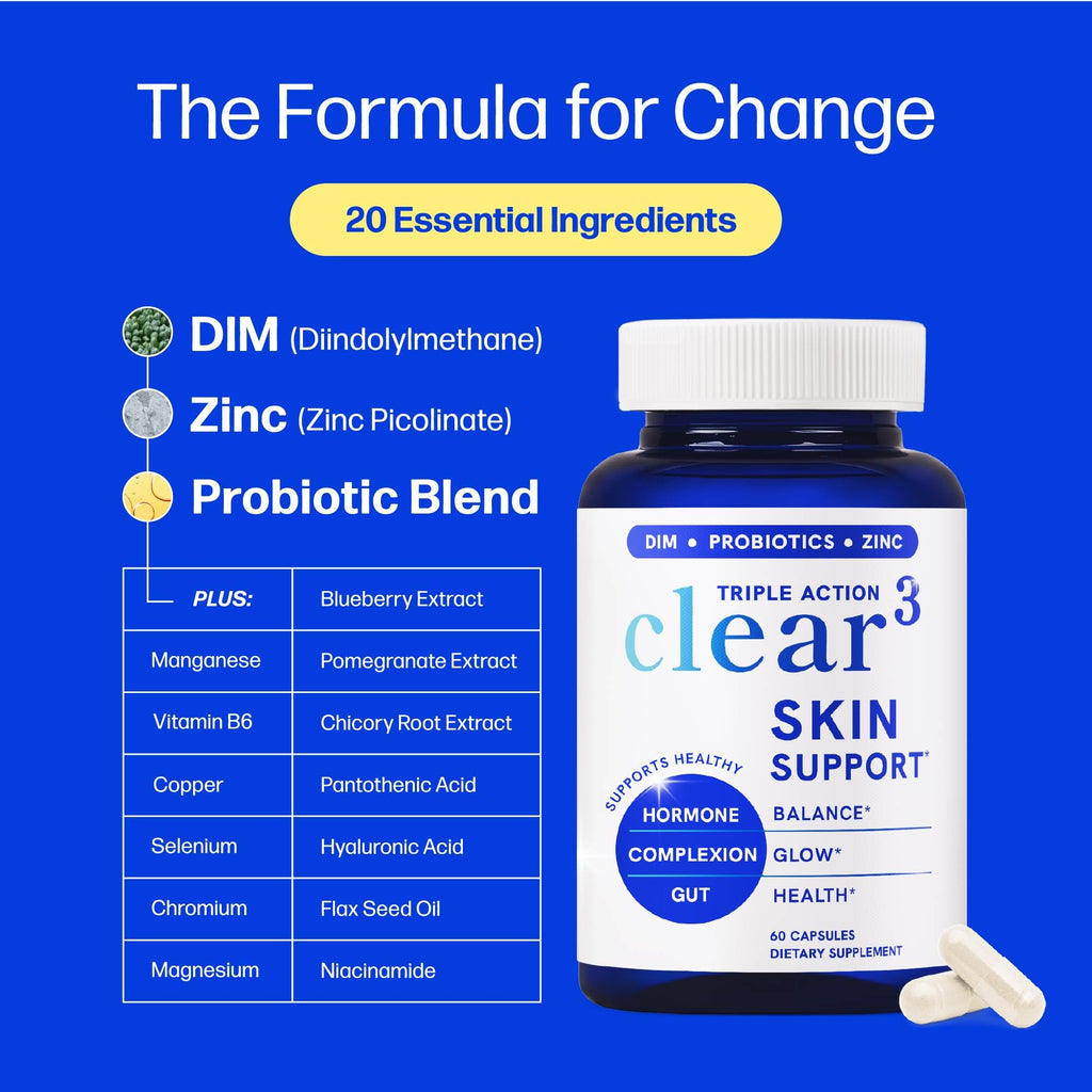 Clear Skin Supplement with Zinc, DIM & Probiotics | 3-in-1 Balance, Glow & Health Skin Support | Triple Action Hyaluronic Acid, Niaciminide & Vitamins for Hormone