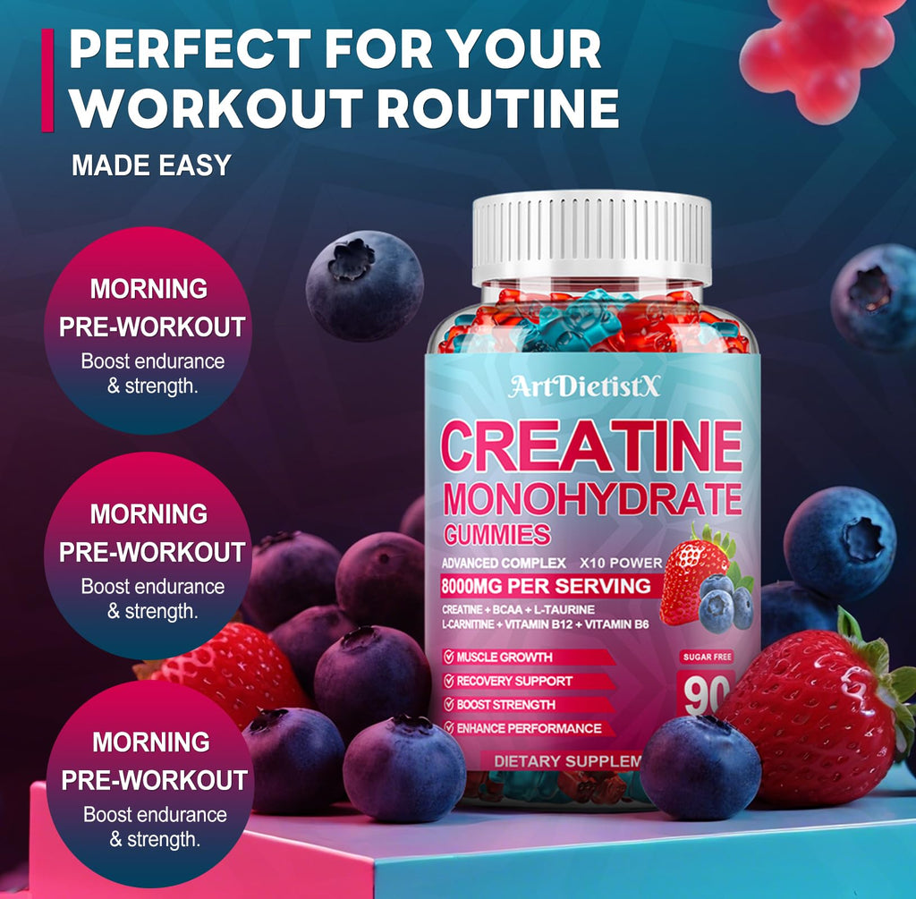 Creatine Monohydrate 8000mg Gummies with BCAA, L-Carnitine, Taurine & Vitamin B12 - Pre Workout Supplement for Muscle Growth, Strength & Energy, Multi-Flavor Chewable Gummies,