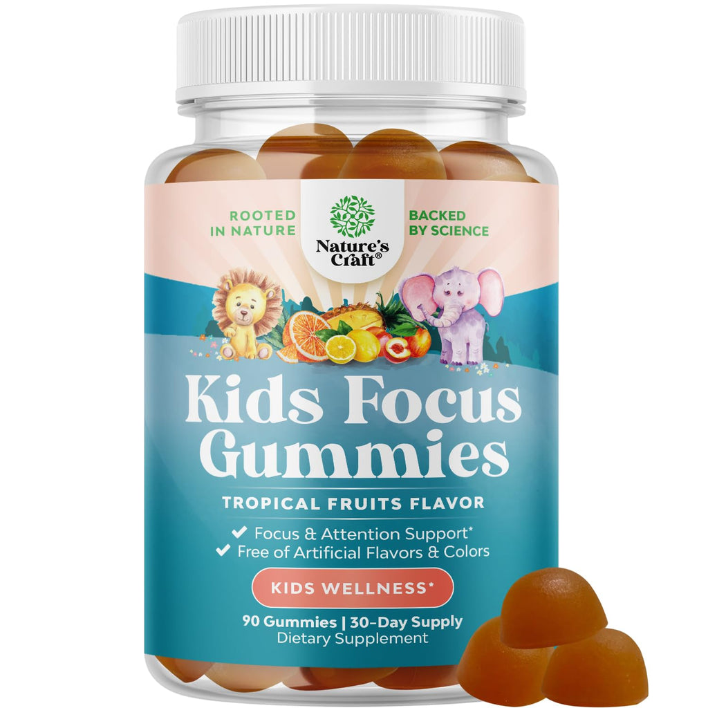 Kids Focus Gummies - Nootropics Brain Support Supplement for Kids with Green Tea Extract, B6 & B12 Vitamins for Memory and Brain Focus - Herbal Concentration Chews for Children - 90 Count Natures Craft Au supplements