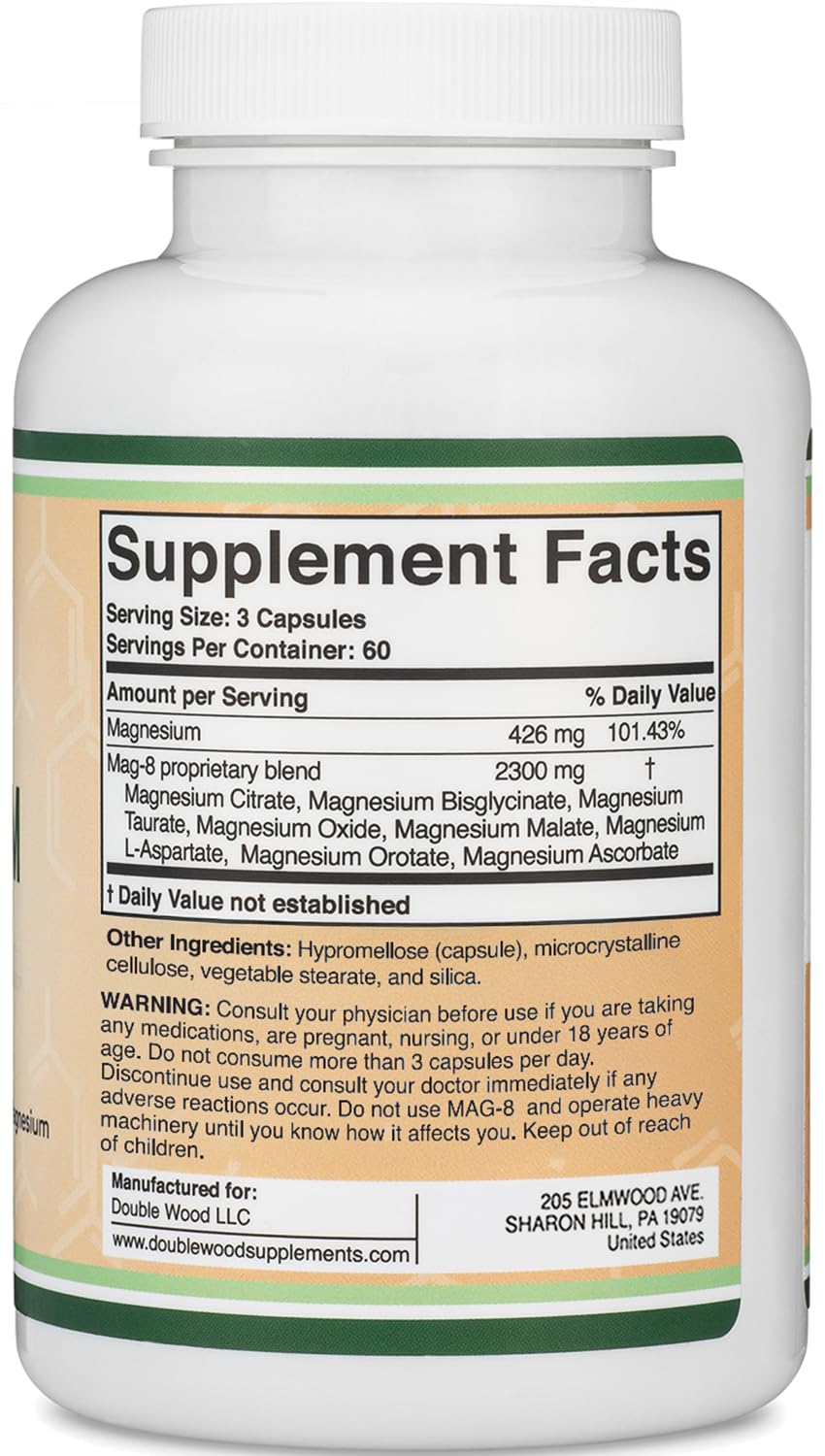 Magnesium Complex Supplement 180 Capsules (426mg Elemental Magnesium Provided by 2,300mg of Eight Different Forms of Magnesium) MAG-8 Provides 100% Daily Recommended Value of Magnesium by Double Wood Double Wood Supplements Au supplements