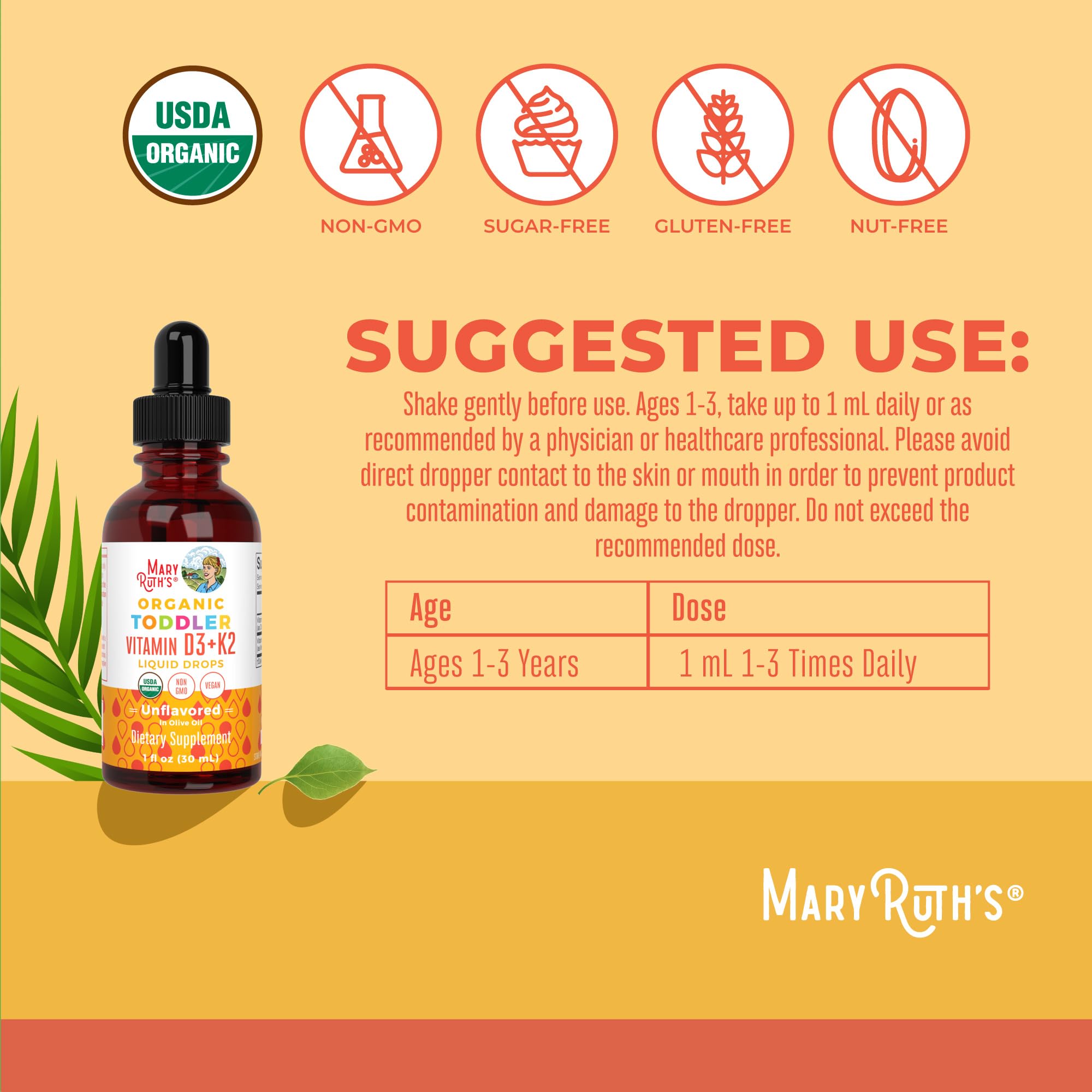 MARYRUTH'S Organics Vitamin D3 | Vitamin K2 | Vitamin D3 K2 Drops | K2 D3 Vitamin Liquid Supplement for Toddlers | Kids Supplement for Calcium Absorption