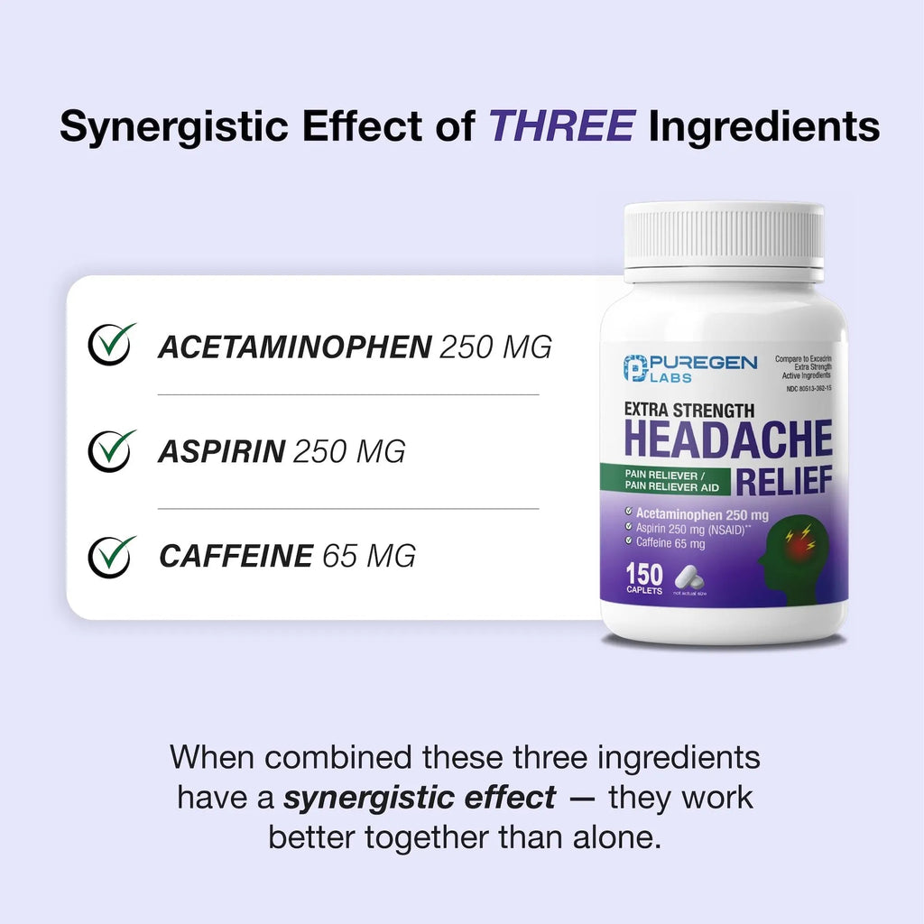 Puregen Labs Extra Strength Headache Caplets, Aspirin 250 mg (NSAID), Caffeine 65 mg, 150 Count P Puregen Labs Au supplements