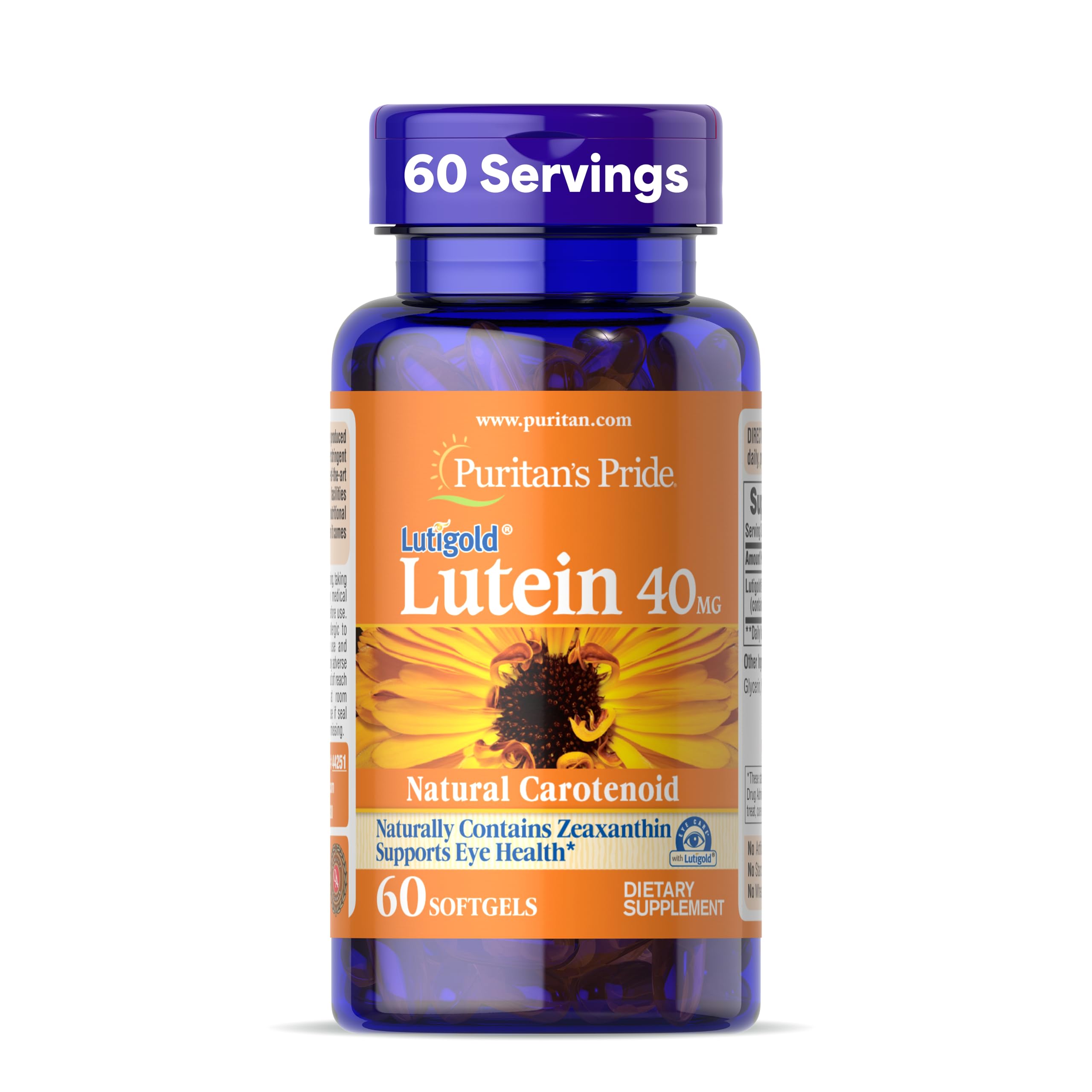 Puritan's Pride Premium Lutigold™ Lutein Carotenoid 40 mg with Zeaxanthin for Men and Women, Dietary Supplement for Eye Health Support, 2 Month Supply, 60 Easy-to-Swallow Softgels