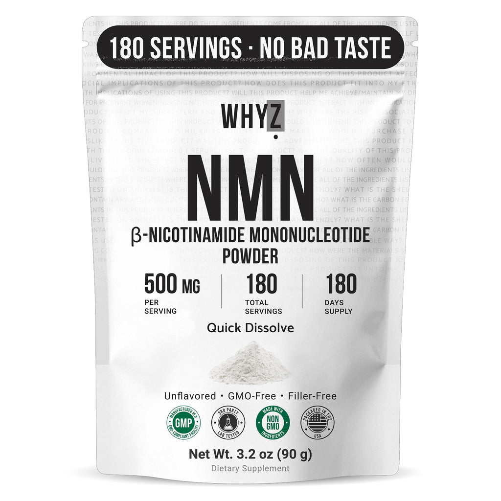 Pure NMN Powder Nicotinamide Mononucleotide Quick Dissolved NMN Supplement Powder 100% Unflavored NMN Supplement Supports NAD+ Levels Vegan Friendly Non-GMO, 180 Servings, 3.2 oz (90g) WHYZ Au supplements