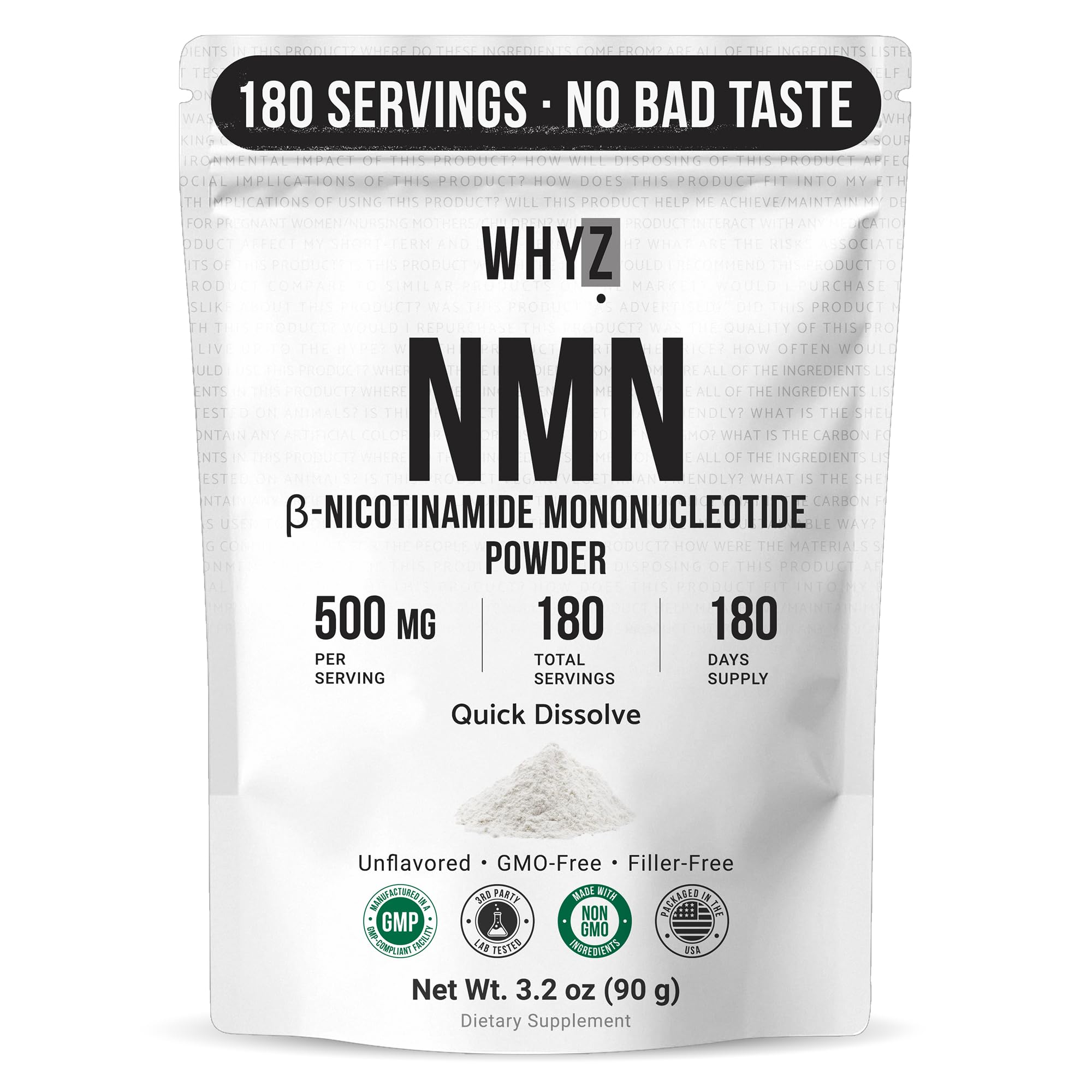 Pure NMN Powder Nicotinamide Mononucleotide Quick Dissolved NMN Supplement Powder 100% Unflavored NMN Supplement Supports NAD+ Levels Vegan Friendly Non-GMO, 180 Servings, 3.2 oz (90g) WHYZ Au supplements