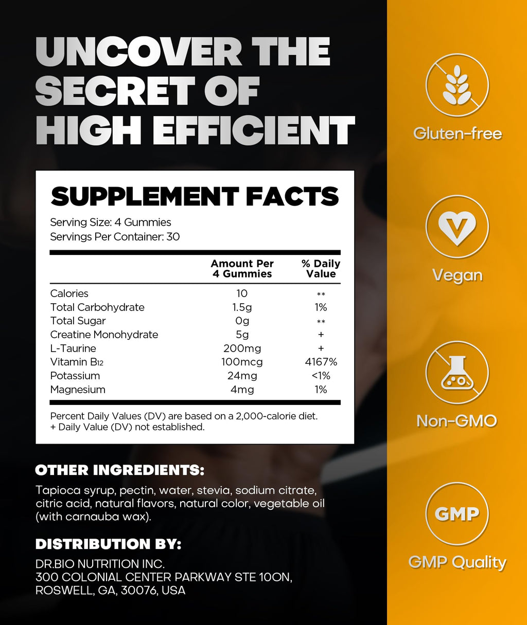 Instant Boost Creatine Monohydrate Gummies, Complex Formula with Real 5000mg Creatine, L-Taurine, B12, Mg & K, Pre-Workout Creatine for Women & Men to Support Energy