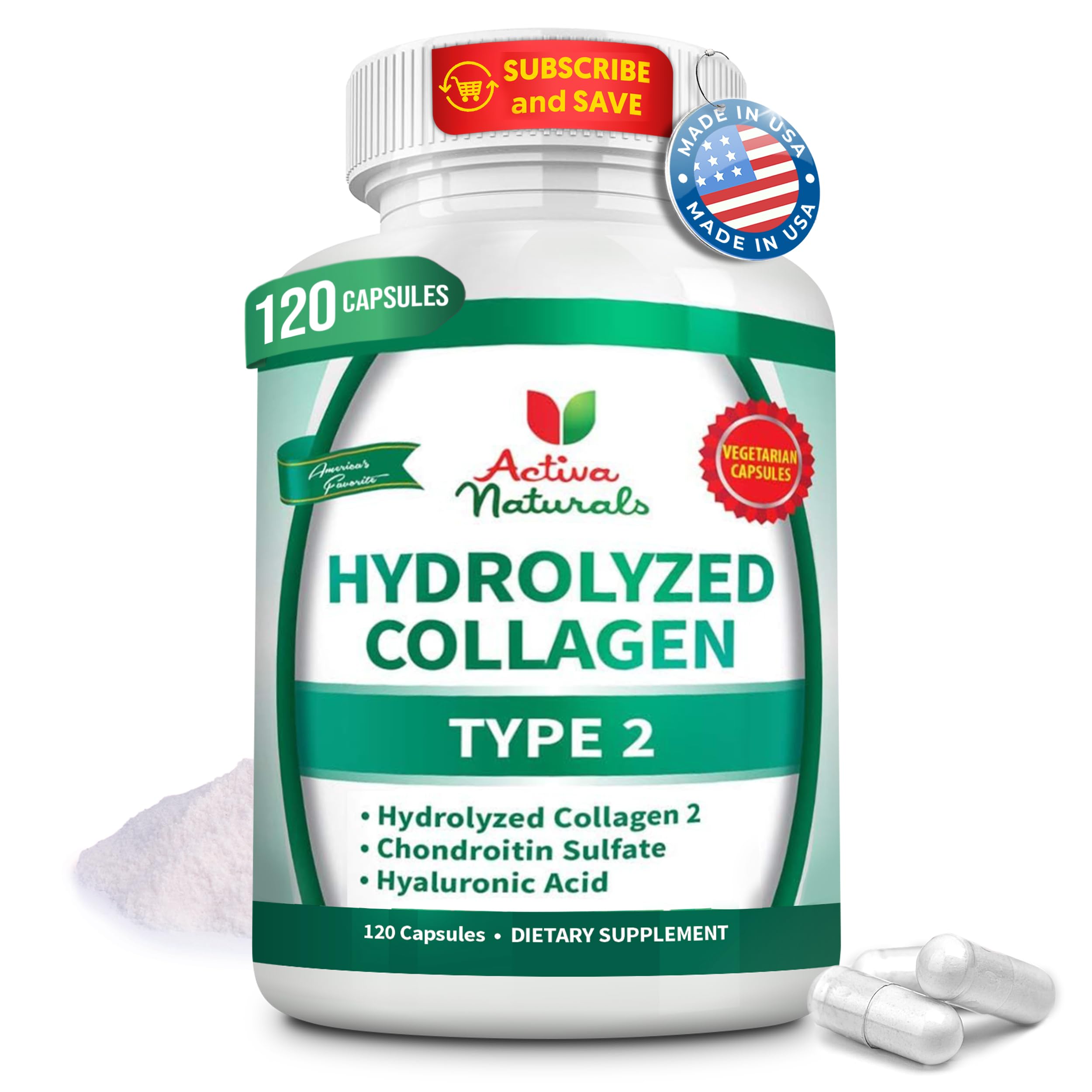 Activa Naturals Collagen Type 2 Hydrolyzed Supplement with Chondroitin and Hyaluronic, for Healthy Hair, Skin, and Nails, No Fillers, Additives, and No Artificial Colors - 120 Vegetarian Capsules Activa Naturals Au supplements