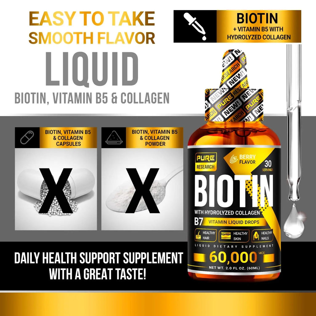 PURE RESEARCH Liquid Biotin & Collagen Hair Growth Drops 60,000mcg – Biotin and Liquid Collagen Supplements for Women & Men – Supports Glowing Skin PURE RESEARCH Au supplements
