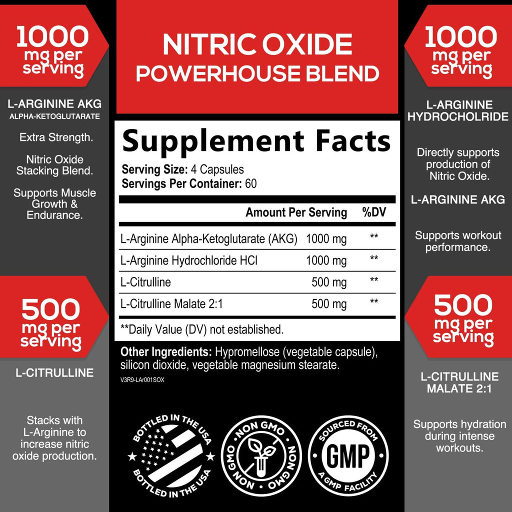 Extra Strength Nitric Oxide Booster - 3X Strength L-Arginine AKG & Citrulline Malate - Men & Women Premium Pre Workout Nitric Booster - Natural Energy & Muscle Support