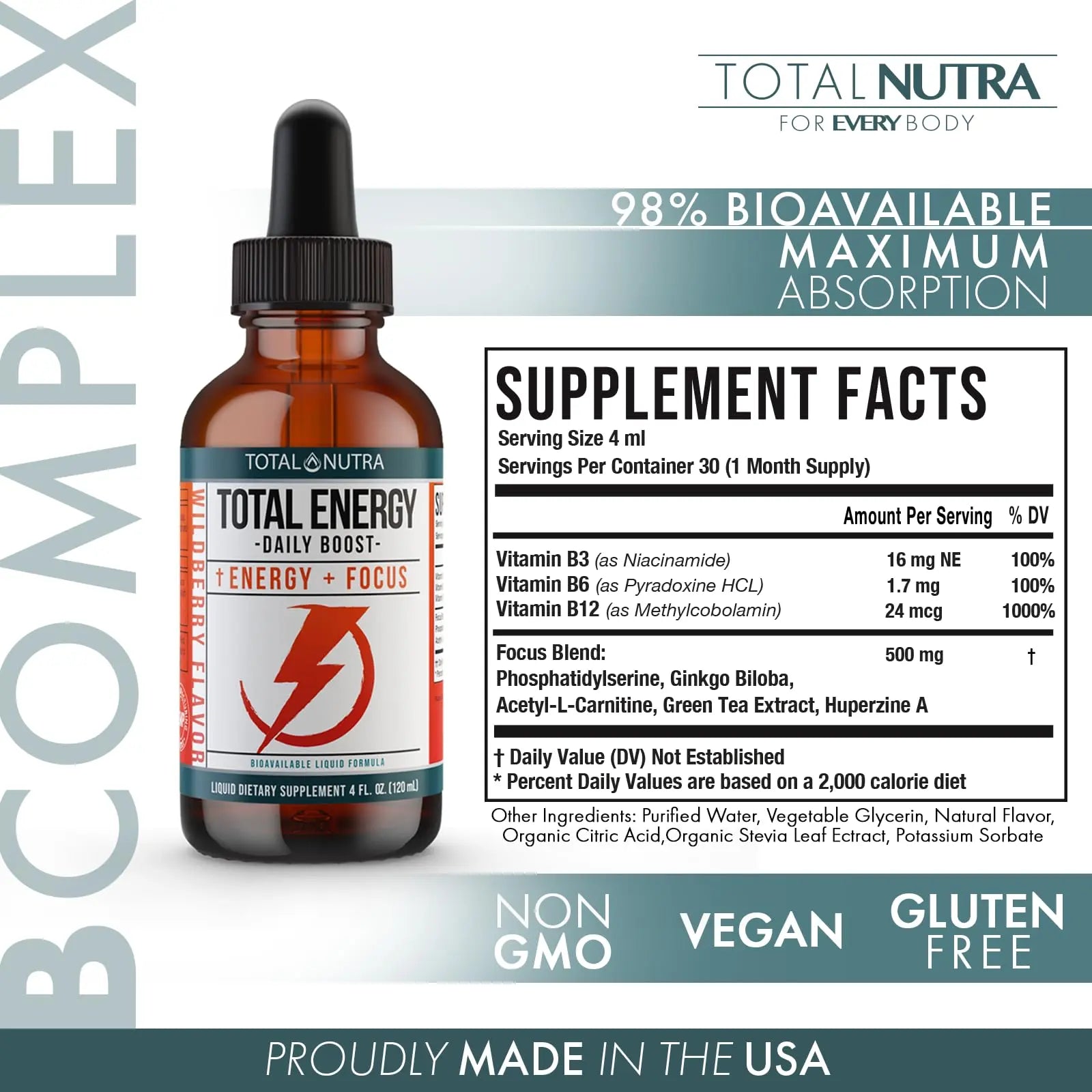 Extra Strength Vitamin B Complex Drops- B Vitamins B12, B6, B3- Vegan and Non GMO Total Nutra Au supplements