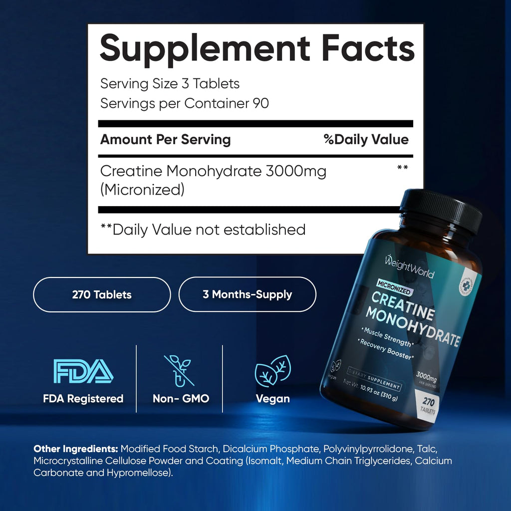 WeightWorld Micronized Creatine Monohydrate 3000mg Tablets - Muscle Growth, Strength, Energy & Recovery | Pre Workout Creatine for Women & Men | 1000mg per Tab