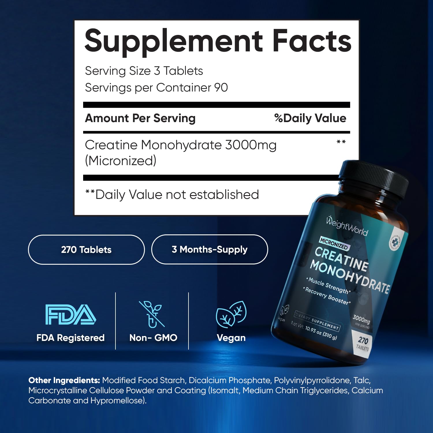 WeightWorld Micronized Creatine Monohydrate 3000mg Tablets - Muscle Growth, Strength, Energy & Recovery | Pre Workout Creatine for Women & Men | 1000mg per Tab