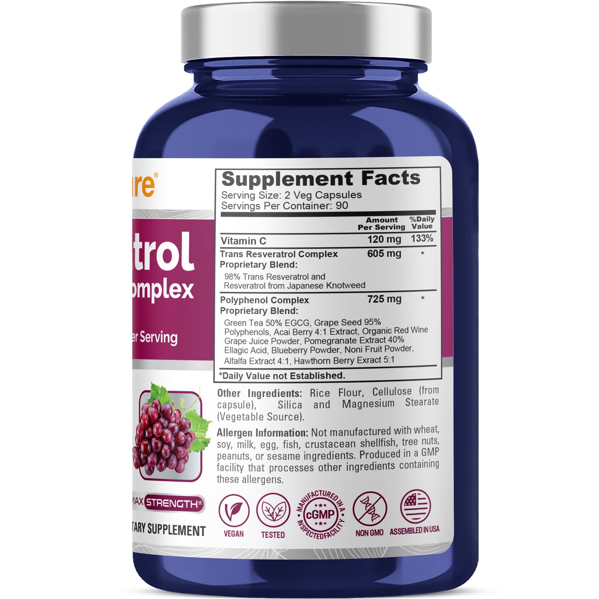 NusaPure Resveratrol & Polyphenol Complex 1450mg 180 Vegetarian Caps (Non-GMO, Vegan) Vitamin C