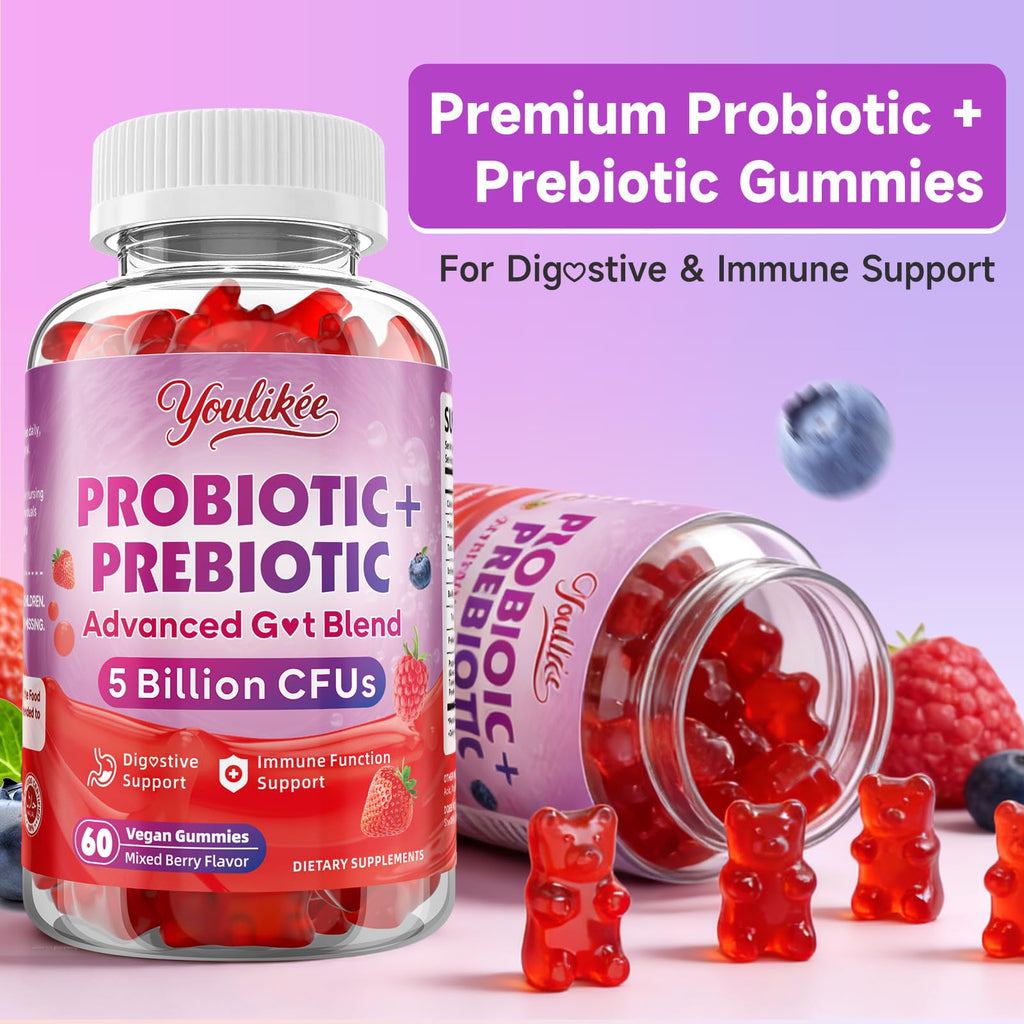 Youlikee 2 Pack Prebiotic + Probiotic Gummies for Women and Men, Probiotic Gummies Supports Gut Health, 5 Billion CFUs with Fibers,