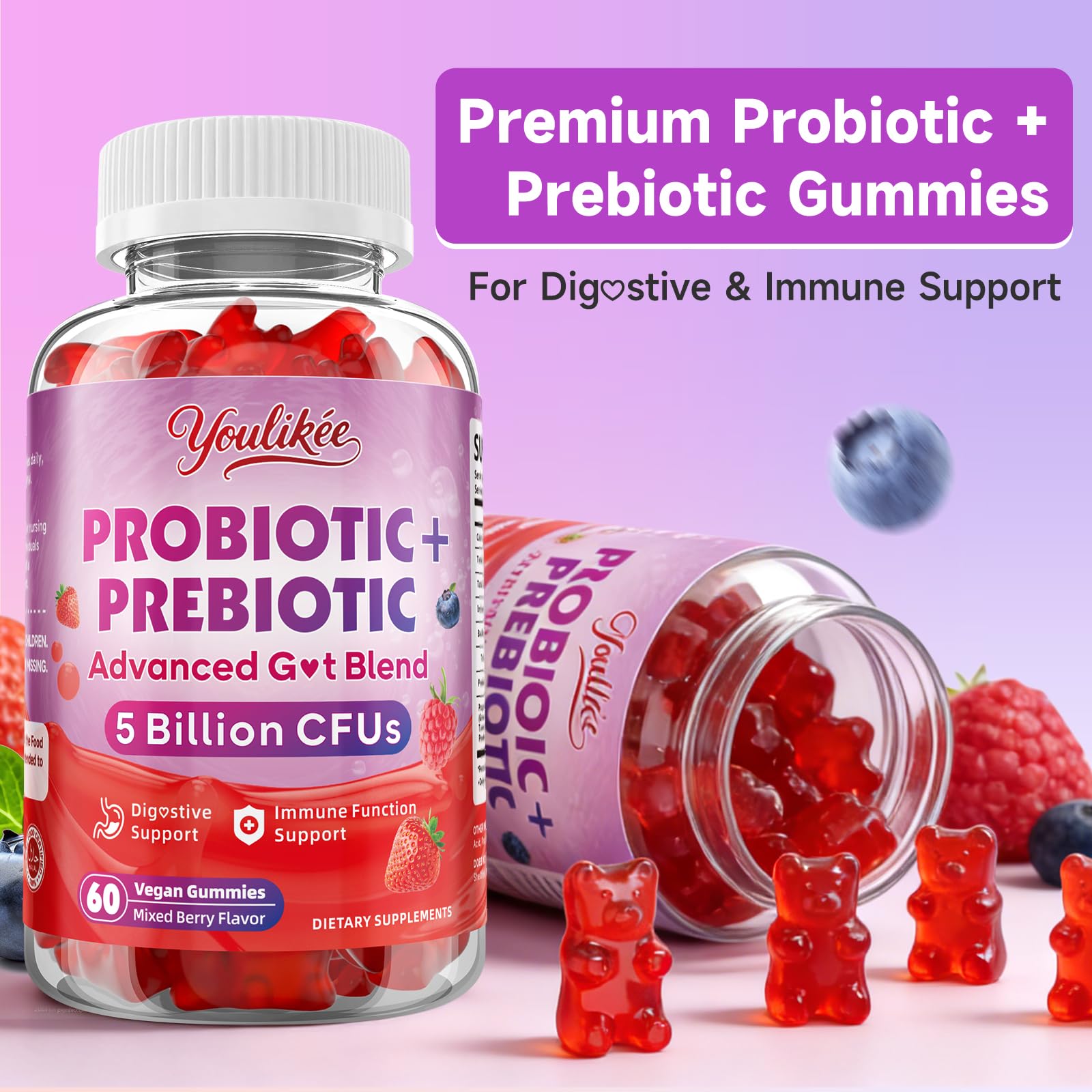 Youlikee 2 Pack Prebiotic + Probiotic Gummies for Women and Men, Probiotic Gummies Supports Gut Health, 5 Billion CFUs with Fibers,