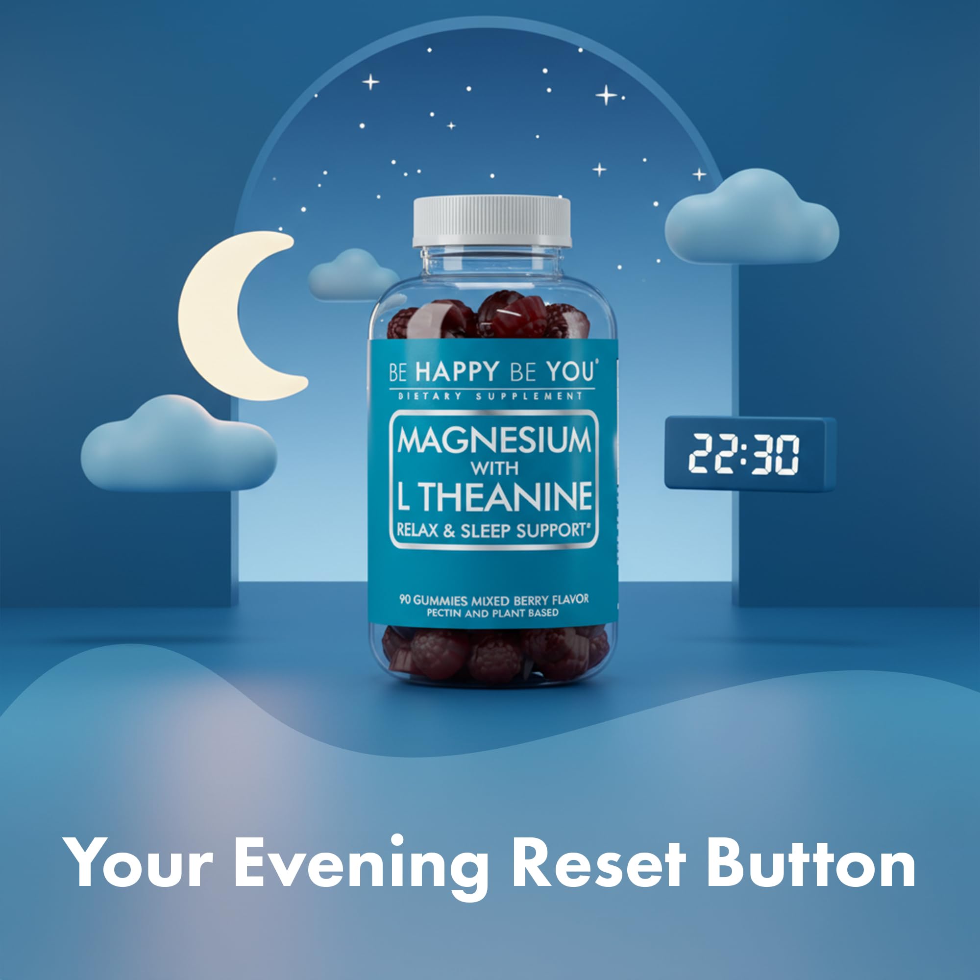Be Happy Be You Magnesium Glycinate Gummies with L-Theanine – Relaxation & Sleep Support – Vegan, Gelatin-Free, Mixed Berry Flavor