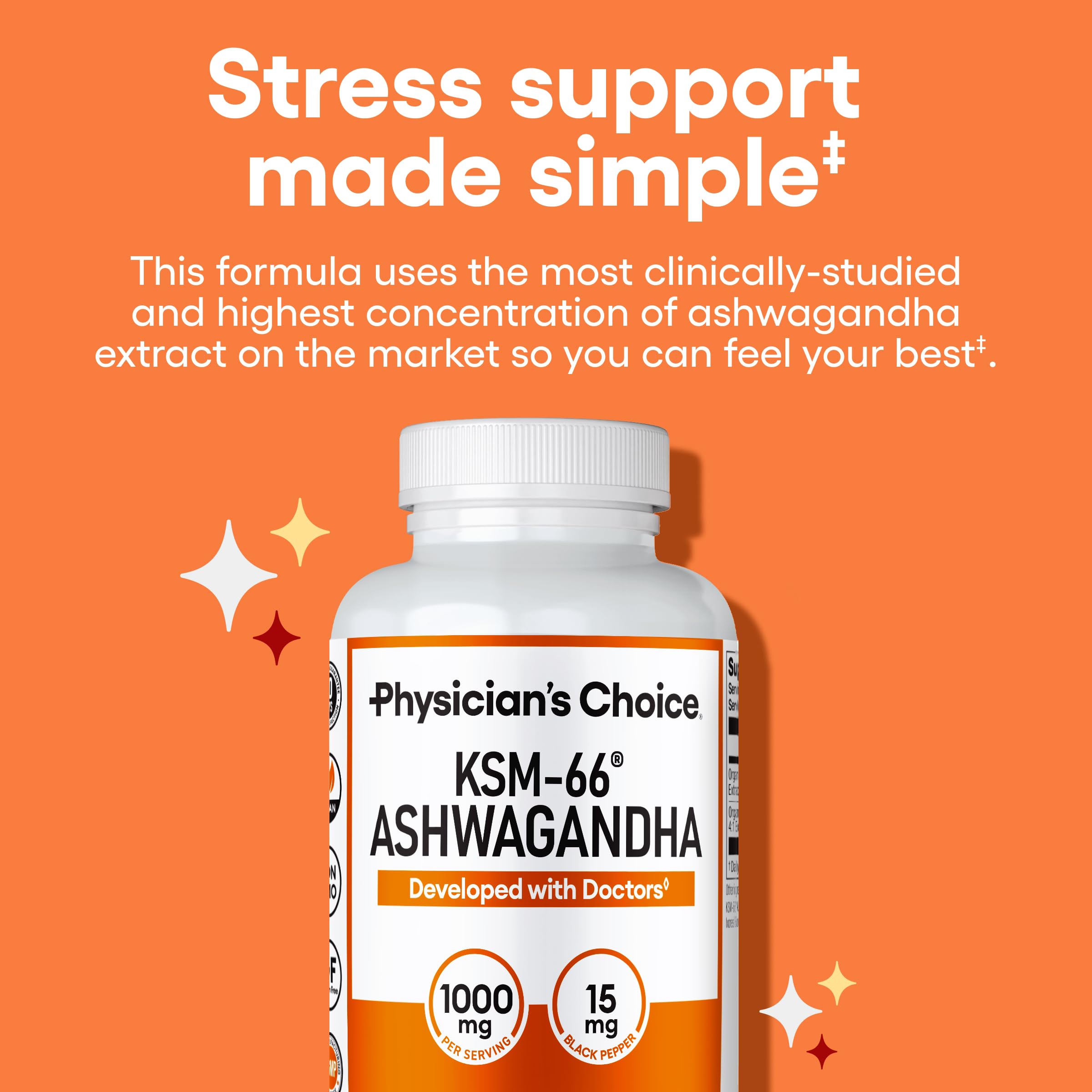 Physician's CHOICE KSM-66 Ashwagandha Root Powder Extract 1,000mg - Organic - with Black Pepper for Maximum Absorption - 5% Withanolides