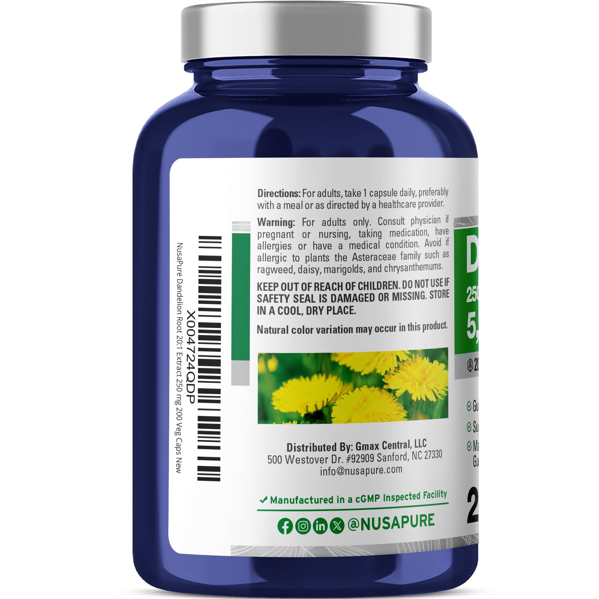 NusaPure Dandelion Root 20:1 Extract, 250 mg Equivalent to 5000mg 200 Veg Capsules (Vegan, Non-GMO) NusaPure Au supplements