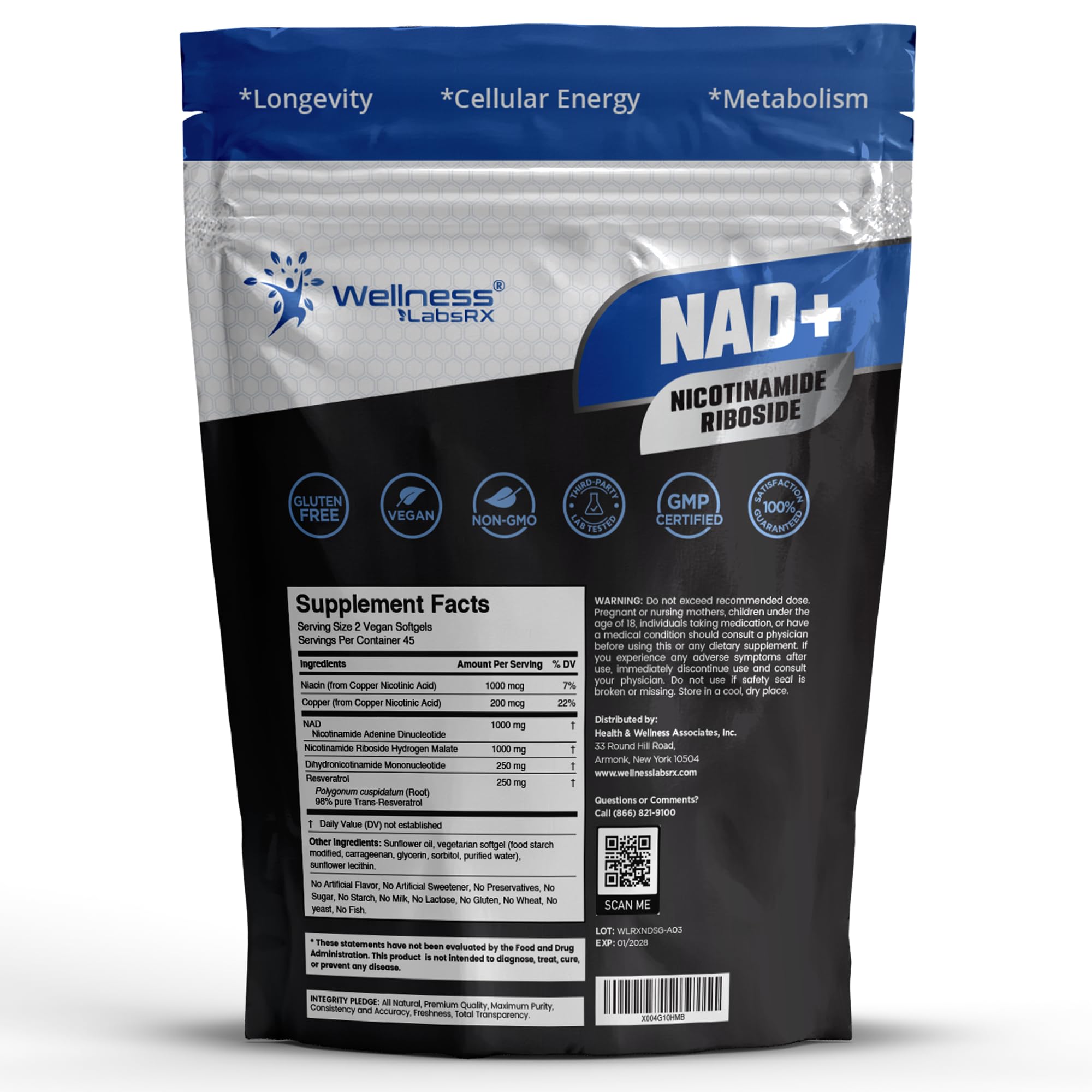 WELLNESS LABSRX NAD+ Supplement - Third-Party Tested NMNH Supplement Softgels, NAD Resveratrol 2500mg NAD Supplements for Anti-Aging, Longevity, and Cellular Health Support - Made in USA WELLNESS LABSRX Au supplements