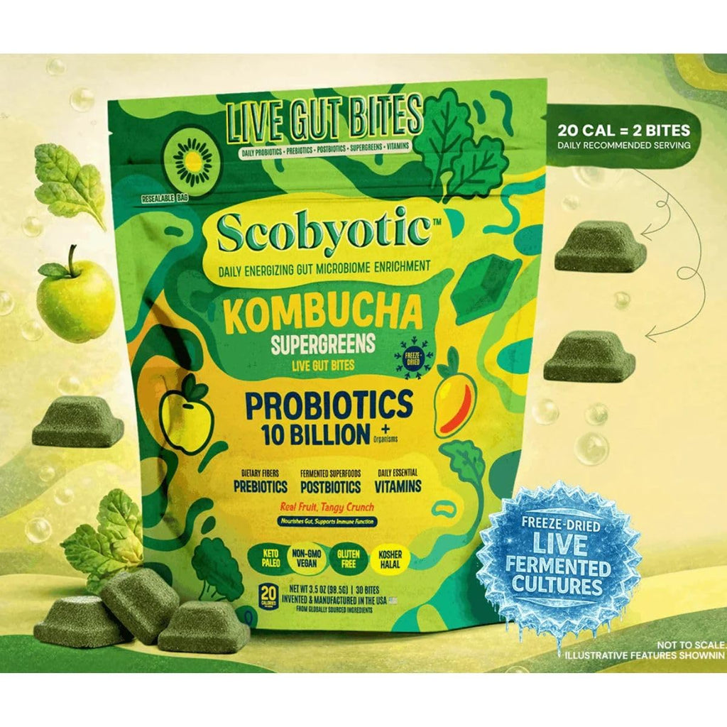 Scobyotic® Kombucha Supergreens Live Gut Bites – 10 Billion CFU Probiotics + Prebiotics & Postbiotics – Kombucha & Supergreens – Freeze-Dried Probiotic Supplement Scobyotic Au supplements