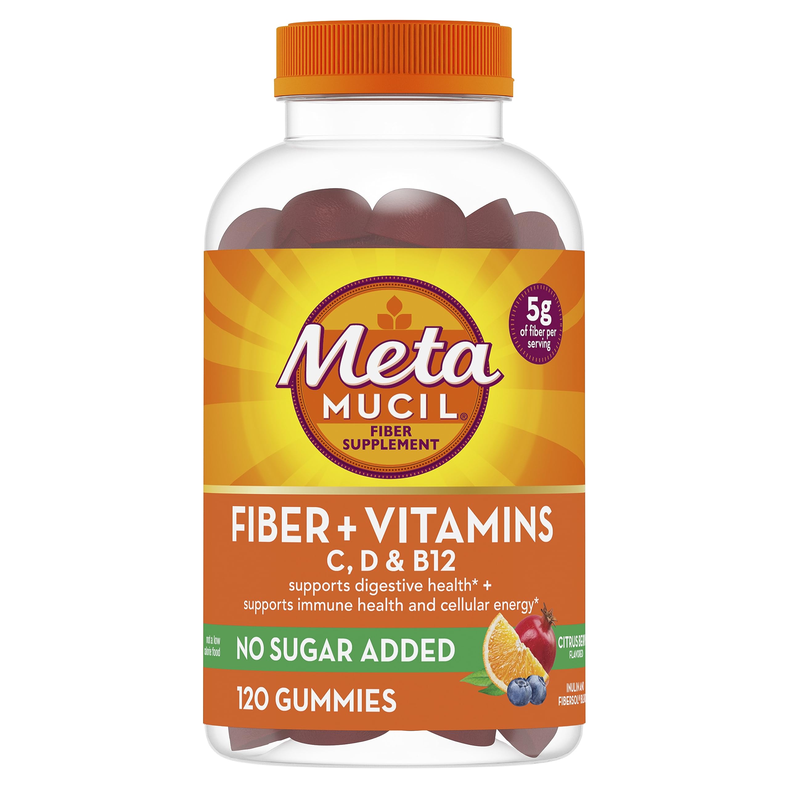 Metamucil Fiber Gummies for Adults with Vitamins C, D, B12 for Metabolism, No Sugar Added Citrus Berry Flavor, 5g Plant Based Prebiotic