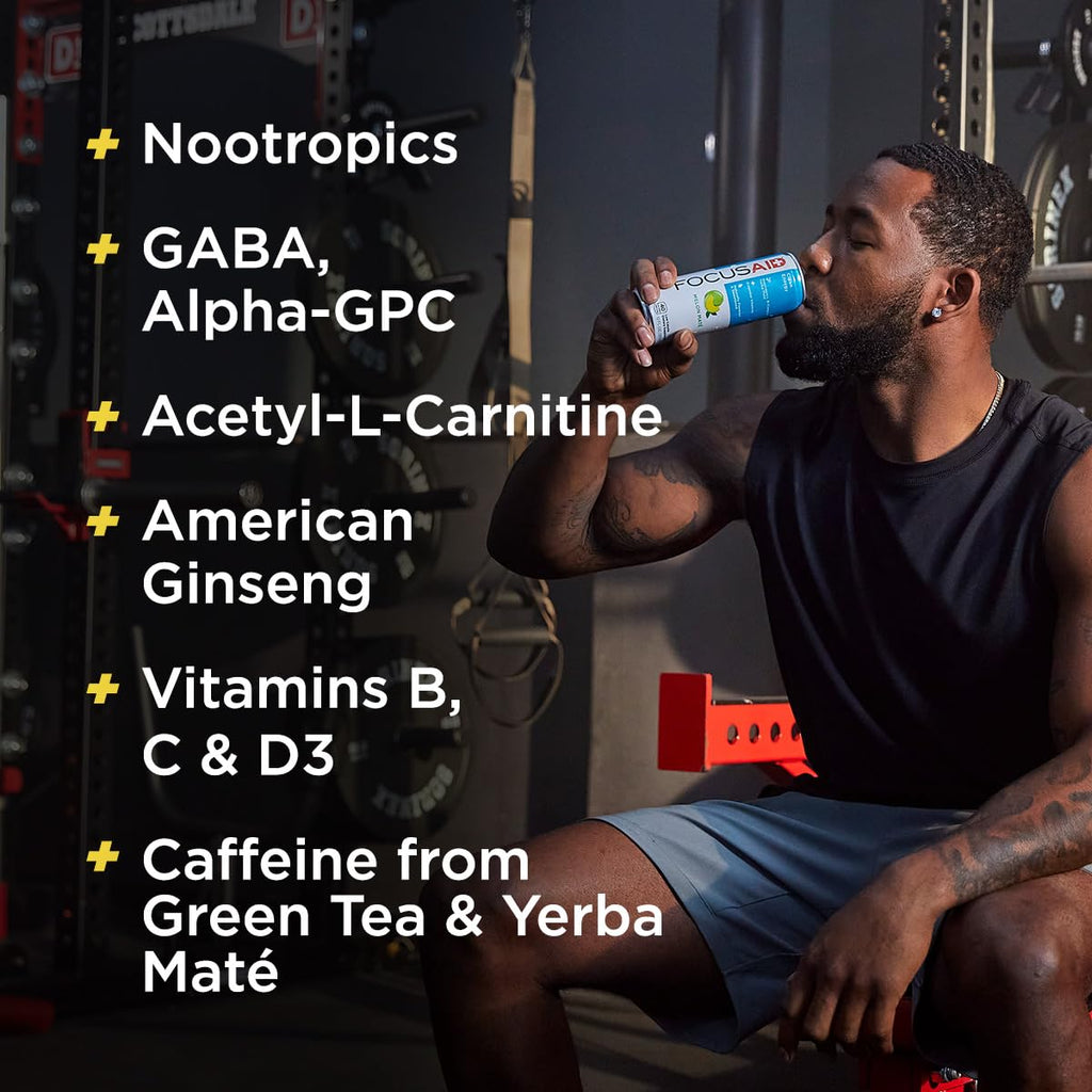 FOCUSAID Energy Blend, Brain Boosting Nootropics Drink, Alpha-GPC, GABA, B-Complex, Yerba Mate, Green Tea, 100% Clean, 100mg Natural Caffeine, 12-oz. can, 12 Pack LIFEAID Au supplements