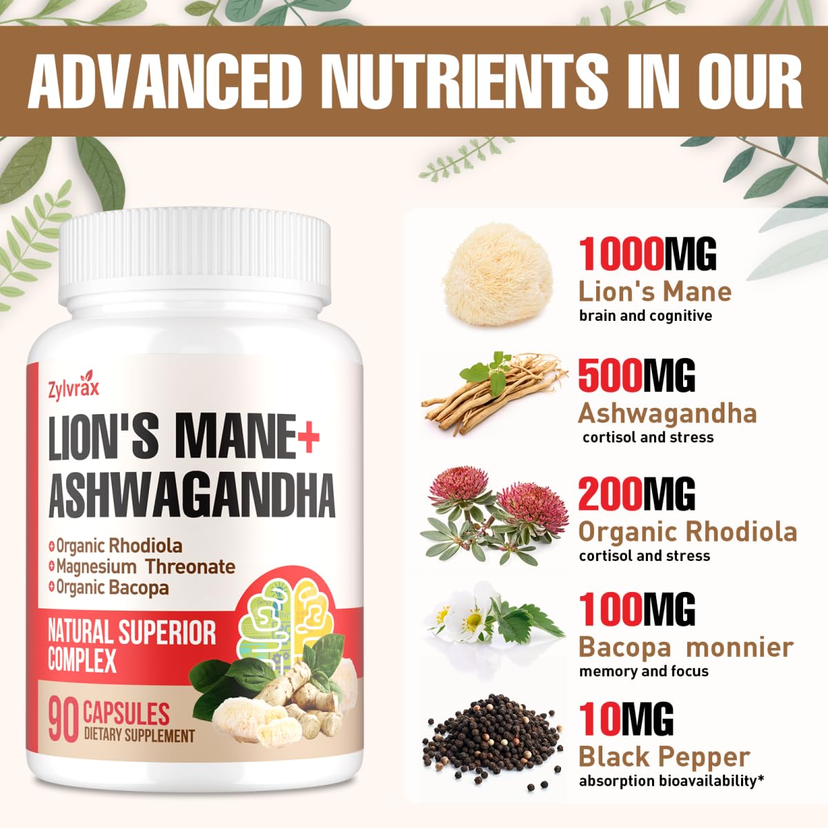 Ashwagandha & Lions Mane Supplements Capsules, Brain Supplements for Memory and Focus, Ashwagandha with Rhodiola Rosea for Cognitive, Immune Support, Cortisol Supplements for Women, 90 Capsules Zylvrax Au supplements