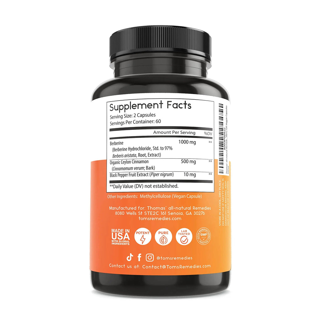 Thomas' all-natural Remedies Berberine 500mg (1000mg Per Serving)- 120 Vegan Capsules Thomas' all-natural Remedies Au supplements