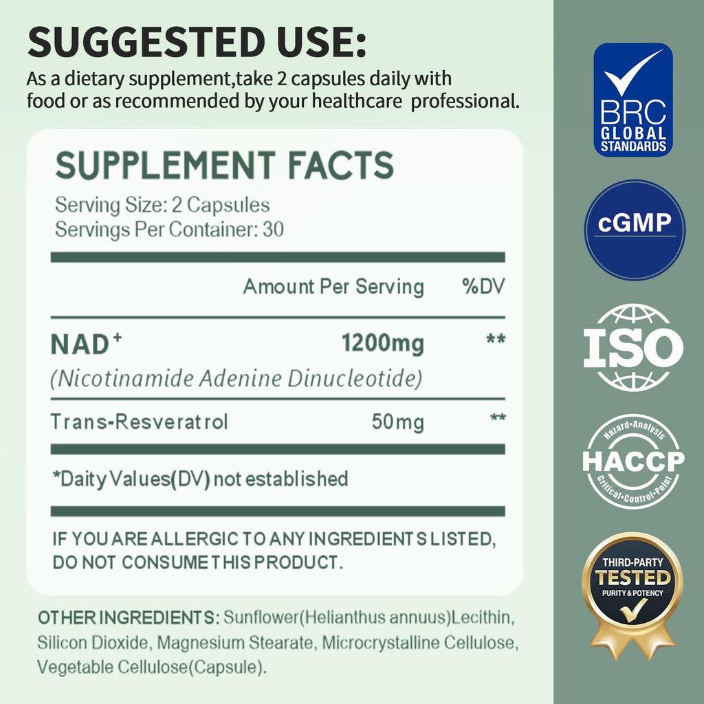 YMINGKJ NAD+ Supplement with Resveratrol 1200mg – Nicotinamide Adenine Dinucleotide & Trans-Resveratrol 50mg, Anti-Aging Cellular Energy & Metabolism Support, 60 Vegetarian Capsules (30 Servings) YMINGKJ Au supplements