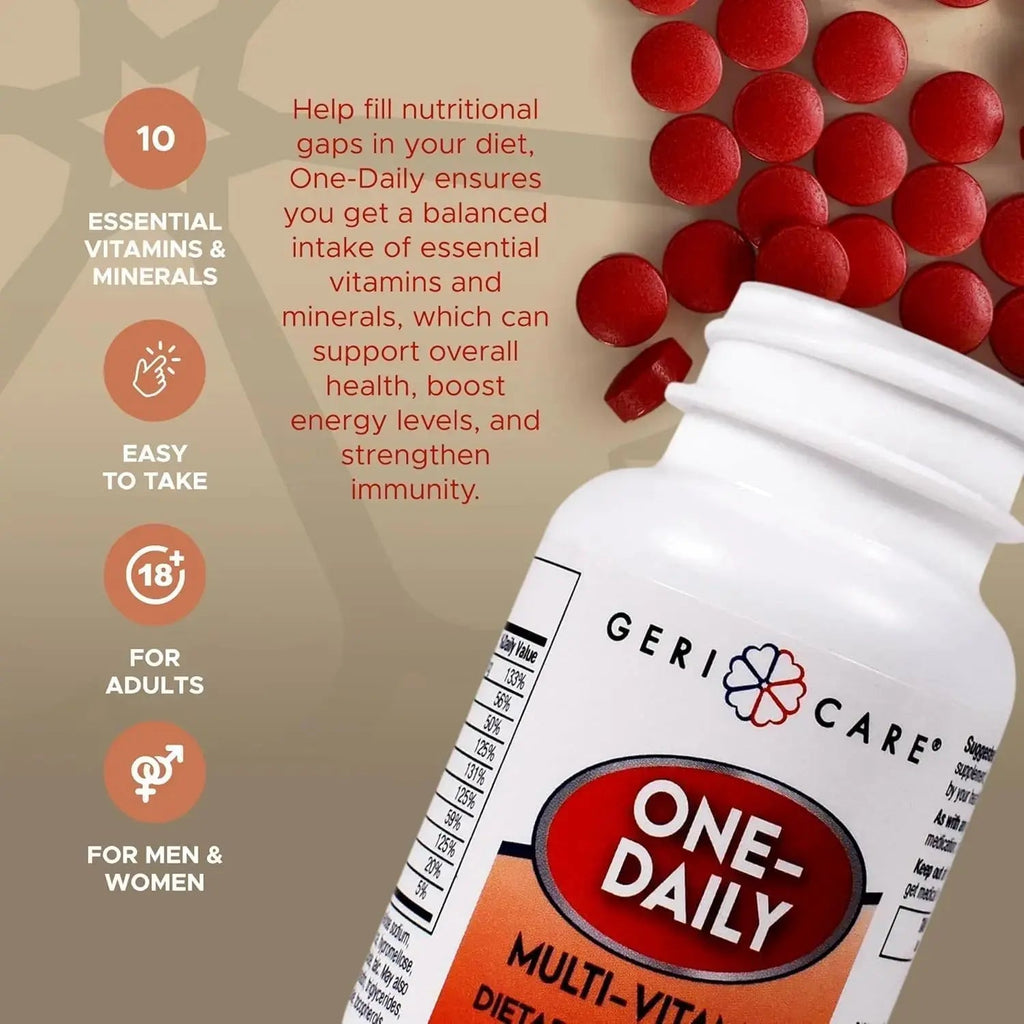 GeriCare One-Daily Multi-Vitamin Tablet, 100 Count Adult Multivitamin Supplement | Easy-to-Take Dietary Supplement with Vitamins A, C, D3, B, Calcium GeriCare Au supplements