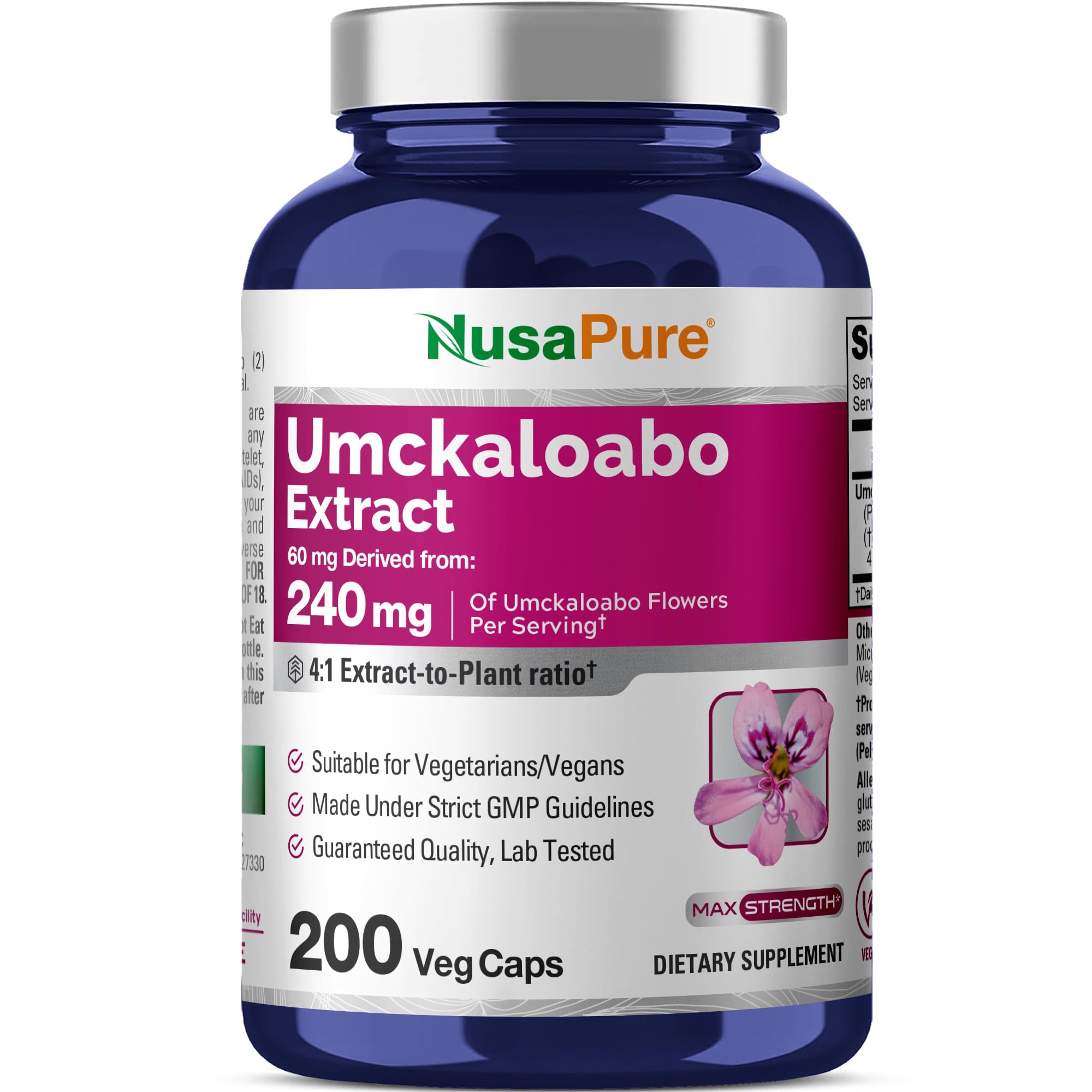 NusaPure Umckaloabo 4:1 Extract, 60 mg Equivalent to 240 mg Veggie Caps 200 Count (Non-GMO, Vegan) NusaPure Au supplements