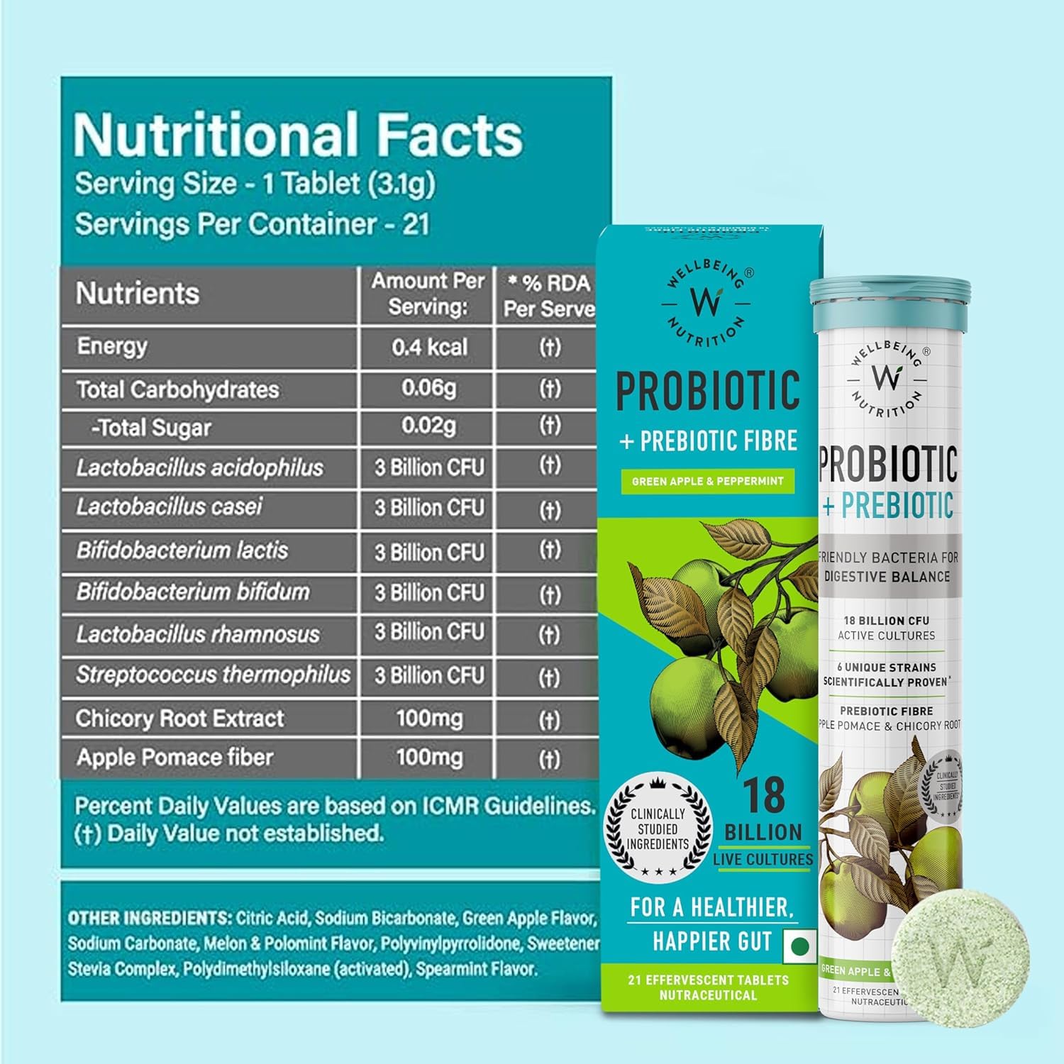Wellbeing Nutrition Daily Probiotics + Prebiotics | Improve Metabolism, Acidity Relief, Digestion & Gut Health | 18 Billion CFU Organic Probiotics Supplement