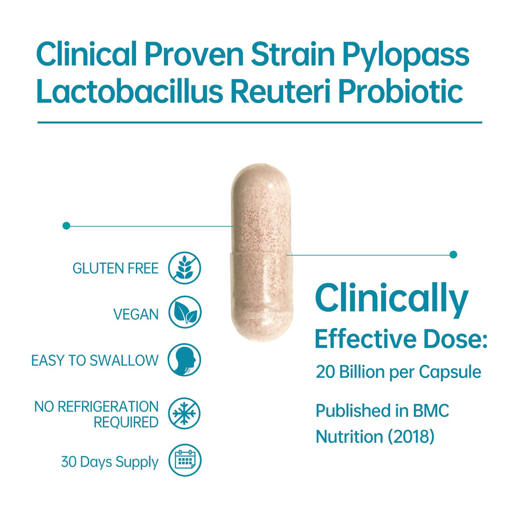 5-in-1 High Potency H. Pylori Probiotic, 1 Per Day - Supports Gastric Lining Integrity, Occasional Indigestion, Acid Comfort - Pylopass Lactobacillus Reuteri, Gluten Free, Vegan, 30ct, Made in Germany purmeo Au supplements