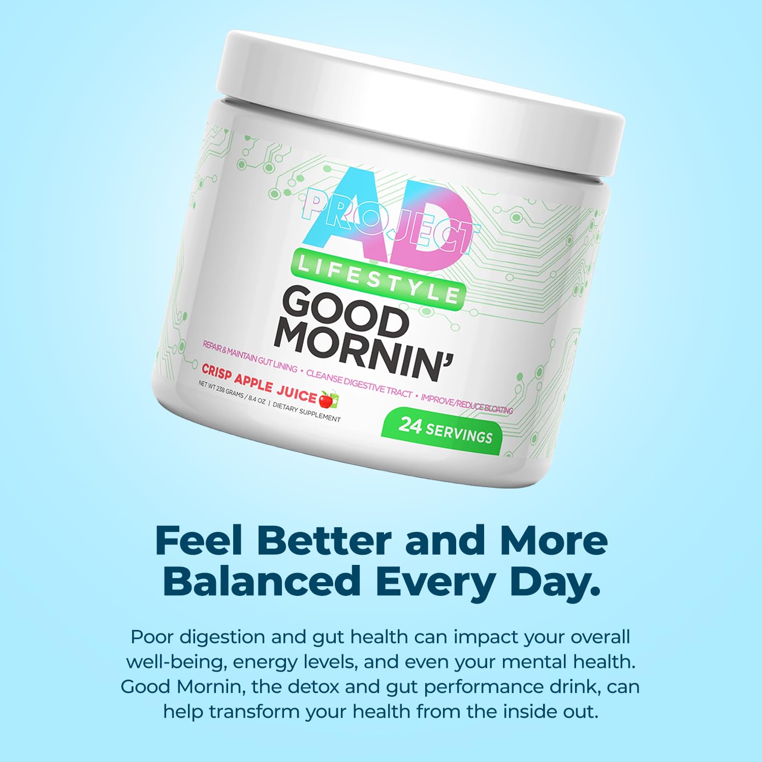 Project AD Life Good Morning Detox and Performance Drink, Naturally Flavored and Formulated with L-GLutamine, Apple Cider Vinegar,