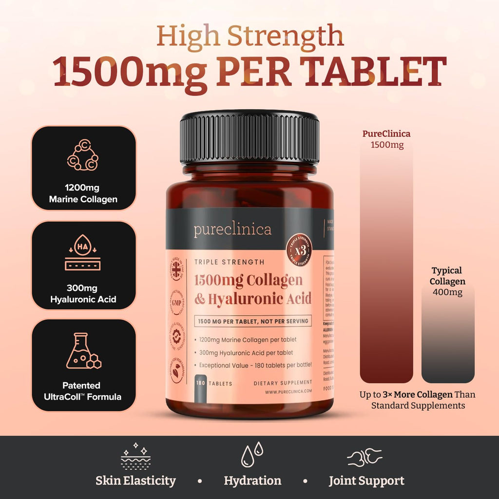 pureclinica 1500mg UltraColl Collagen (1200mg) and Hyaluronic Acid (300mg) x 180 Tablets - 6 Months Supply
