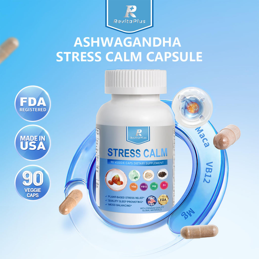 RevitaPlus 8-in-1 Ashwagandha Supplements with B12 B6 Magnesium Maca Zinc Folate, Cortisol Supplements for Women and Men Supports Stress Relief, Sleep, Energy, Focus(90 Capsules) RevitaPlus Au supplements