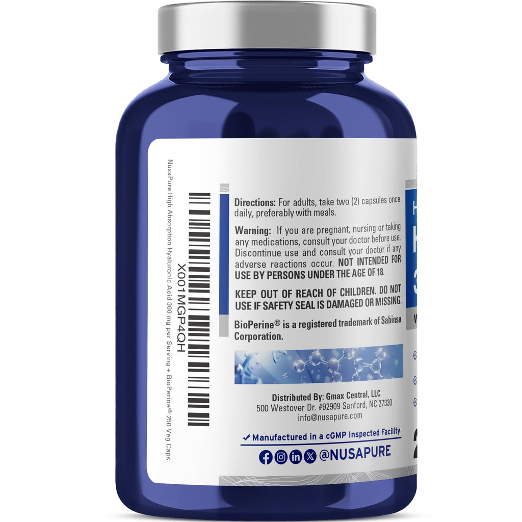 NusaPure Hyaluronic Acid 300mg 250 Veggie Capsules (Non-GMO, Vegan) NusaPure Au supplements