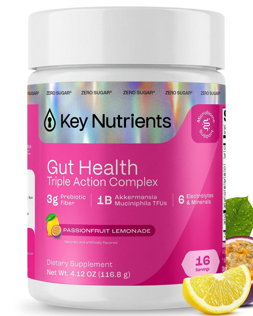 KEY NUTRIENTS Gut Health Hydration – Passionfruit Lemonade, Fiber Supplement with 3g Prebiotic Fiber & Akkermansia Probiotics for Women and Men