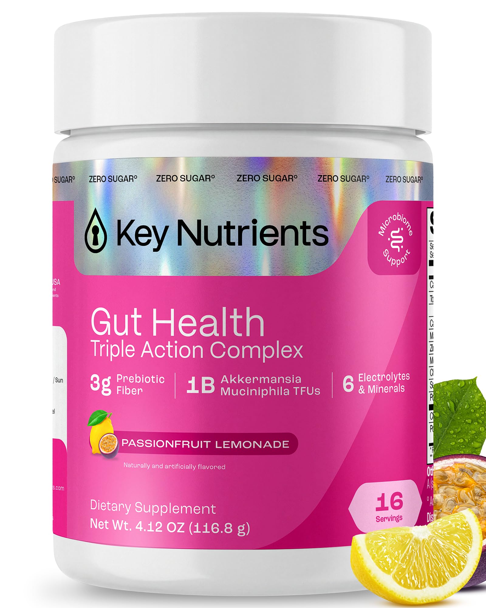 KEY NUTRIENTS Gut Health Hydration – Passionfruit Lemonade, Fiber Supplement with 3g Prebiotic Fiber & Akkermansia Probiotics for Women and Men