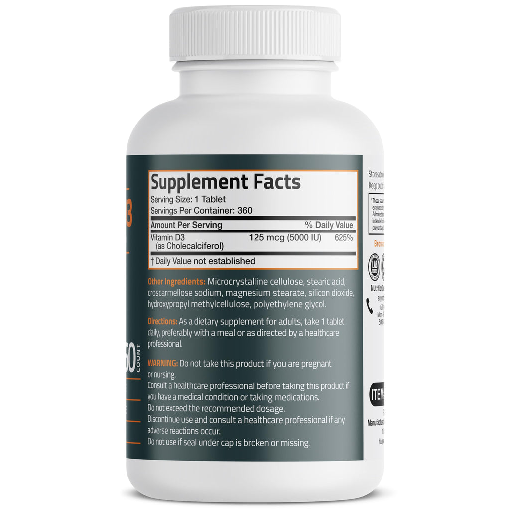 Bronson Vitamin D3 5000iu (125mcg) Healthy Muscle Function and Immune Support, Non-GMO, 360 Tablets