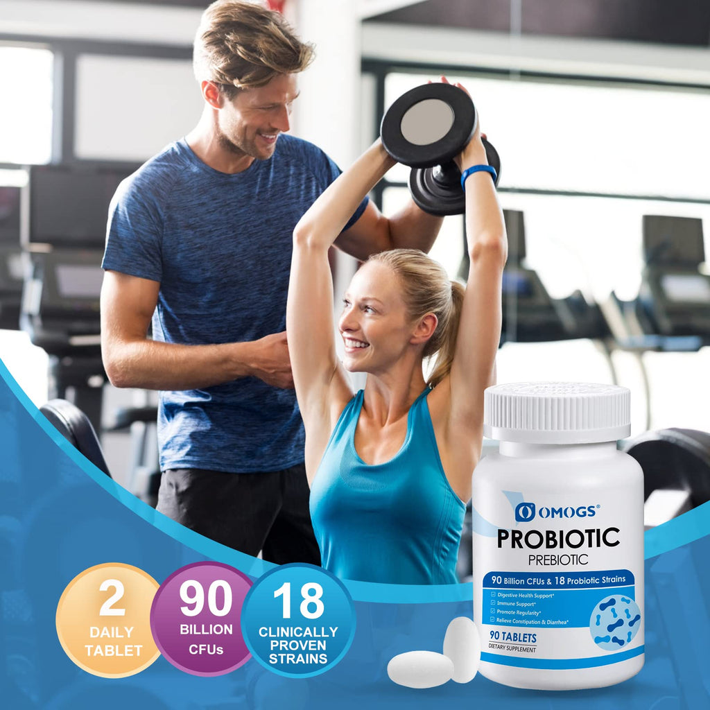 OMOGS Probiotics 90 Billion CFUs 18 Strains, with 3 Organic Prebiotics & Vitamin C, Nutritional Supplement for Women, Men & Kids, Support Metabolism
