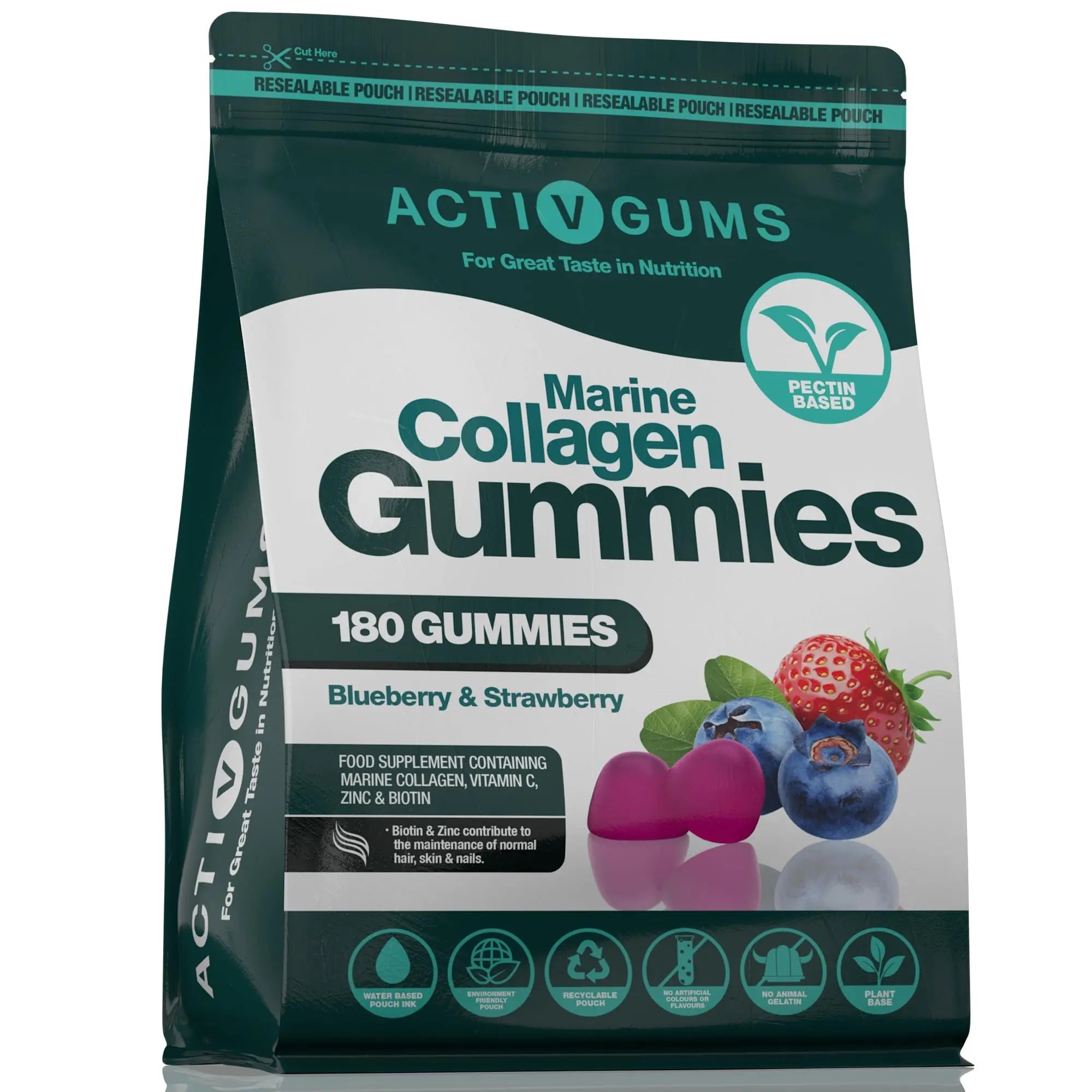 Marine Collagen Complex 180 Gummies. Strawberry & Blueberry Flavour. Resealable & Recyclable Pouch. Contains Marine Collagen, Vitamin C Activ Gums Au supplements