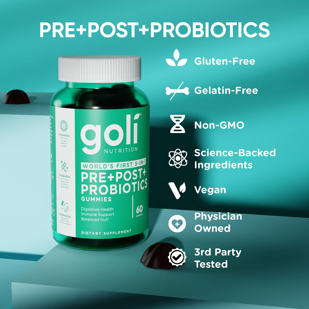 Goli Pre Pro Postbiotic Gummies - Worlds First 3-in-1 Formula with DE111 Probiotics, XOS Prebiotics, MCC1849 Postbiotics - Vegan, Non-GMO,