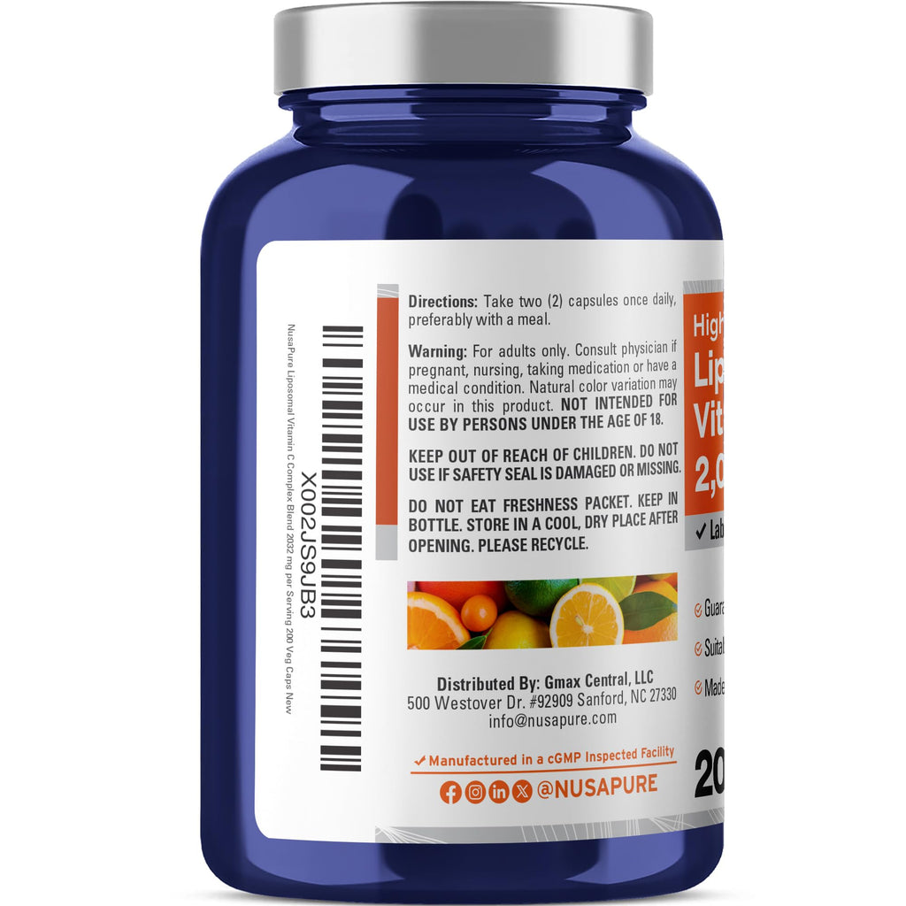 NusaPure Liposomal Vitamin C 2032mg - 200 Veggie Vegan Capsules, BioPerine - High Absorption Ascorbic Acid NusaPure Au supplements