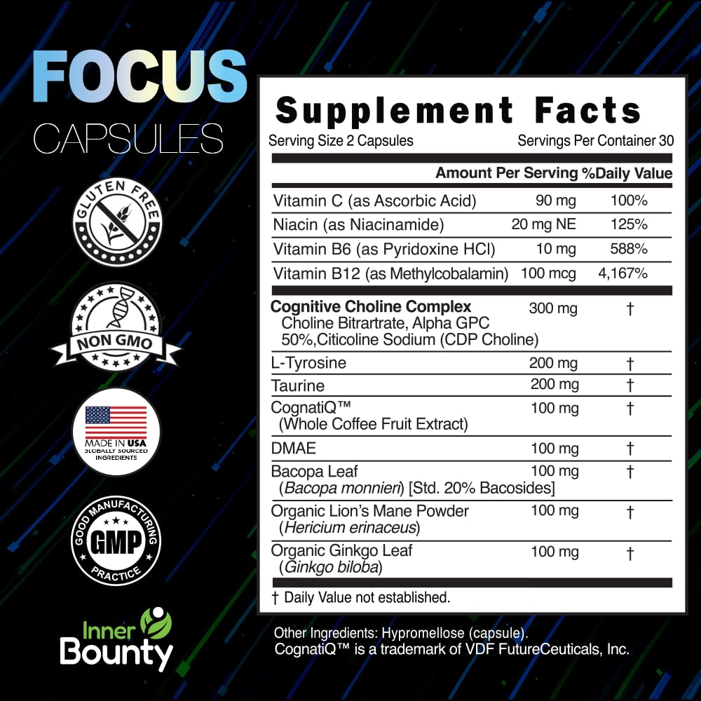 Inner Bounty Focus 14-in-1 Nootropic Brain Supplement with Lions Mane, Alpha GPC Choline, Vitamin C & B12, Taurine, Bacopa - Energy, Cognitive, Memory Support, 60 Filler Free Capsules Inner Bounty Au supplements