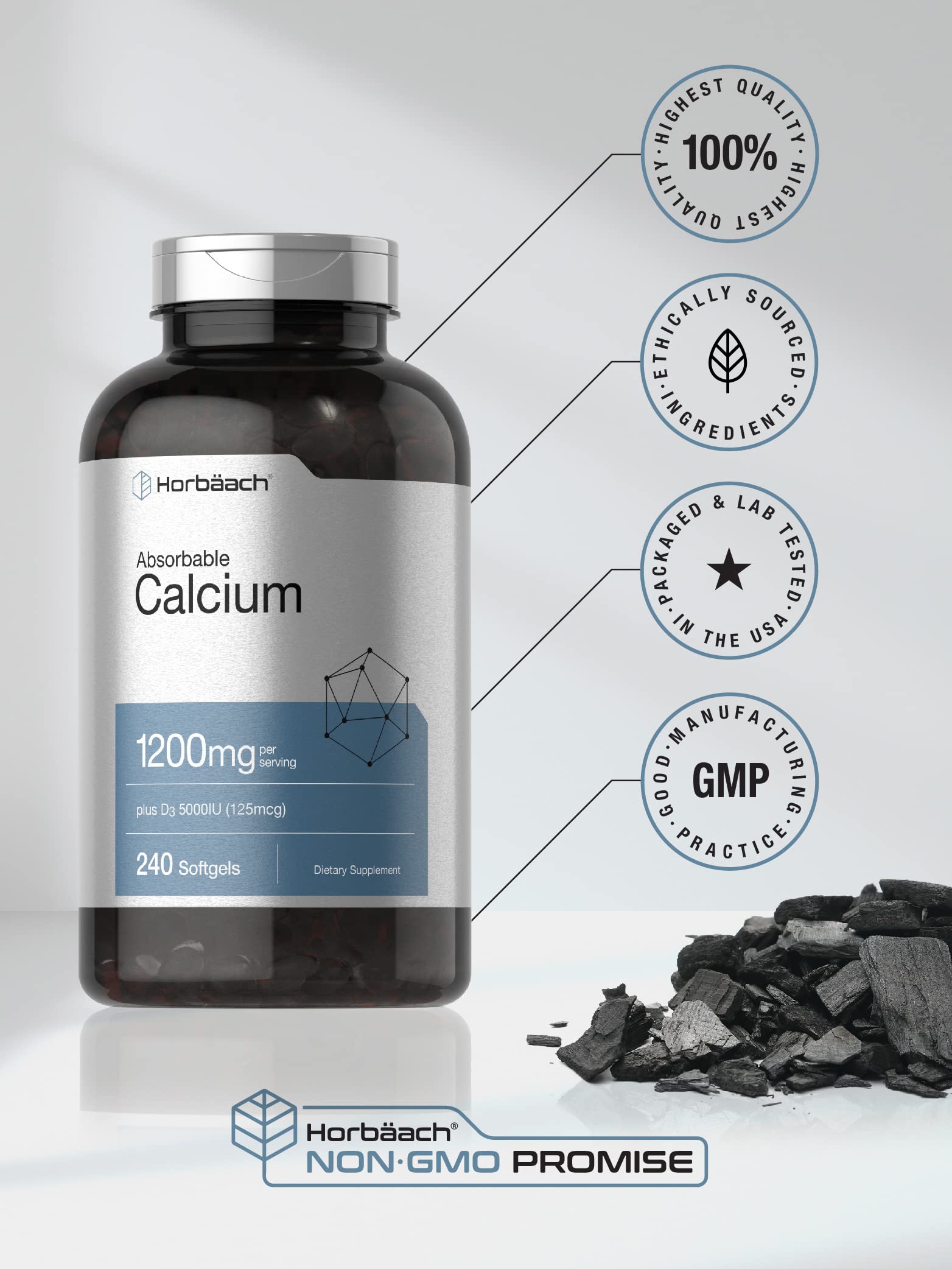 Horbäach Calcium 1200 mg with Vitamin D3 | 240 Softgels | 5000 IU Vitamin D3 | Absorbable Calcium Supplement for Women and Men