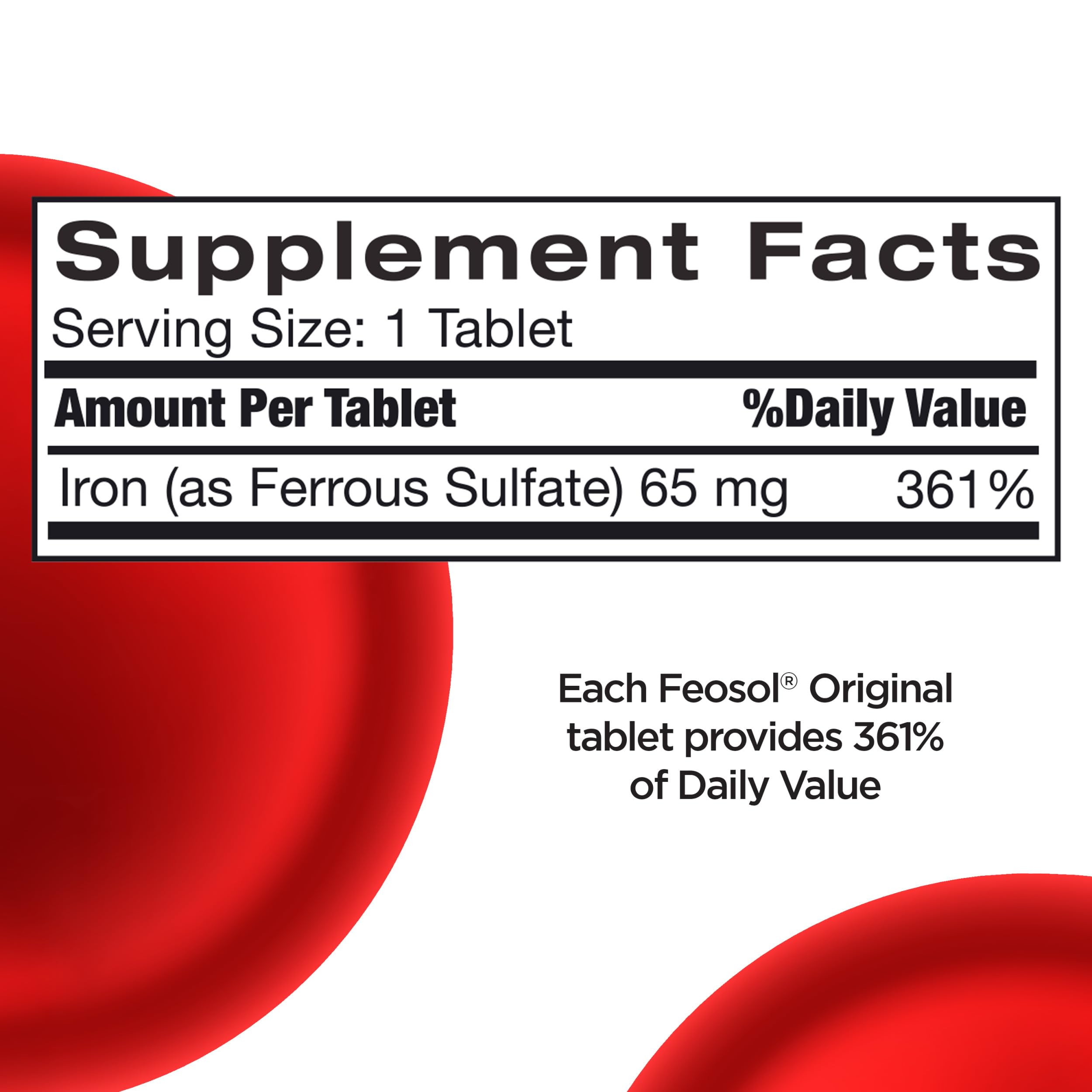 Feosol Original Iron Supplement Tablets, Non-heme, 65mg Iron per Pill, 1 Per Day, 120ct, 4 Month Supply, for Energy and Immune System Support, Made in USA