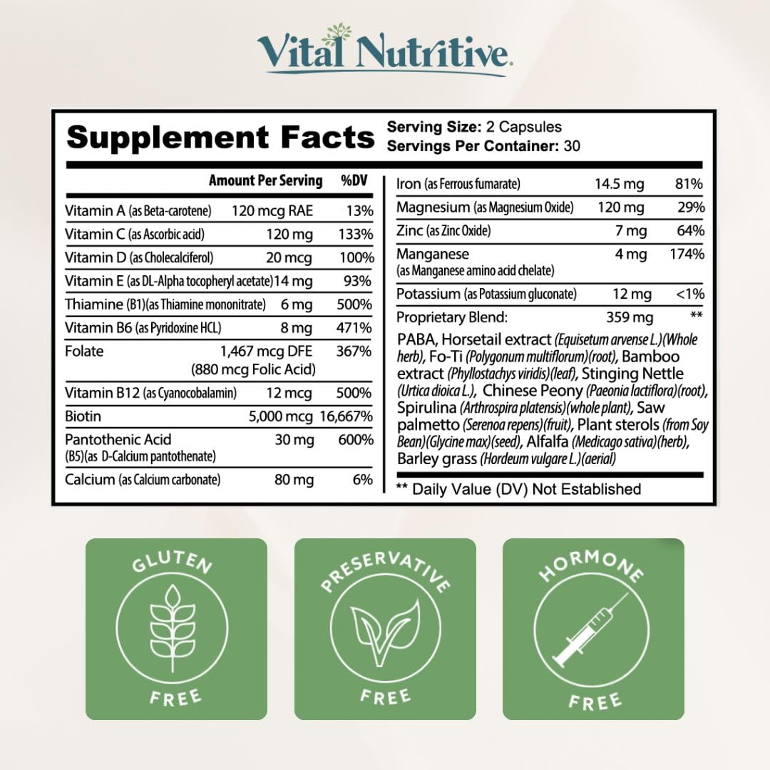 VITAL NUTRITIVE Vital Hair Complex – Biotin & Vitamin B Hair Vitamins for Women & Men – Supports Healthy Hair, Skin & Nails – Hormone-Free, Gluten-Free
