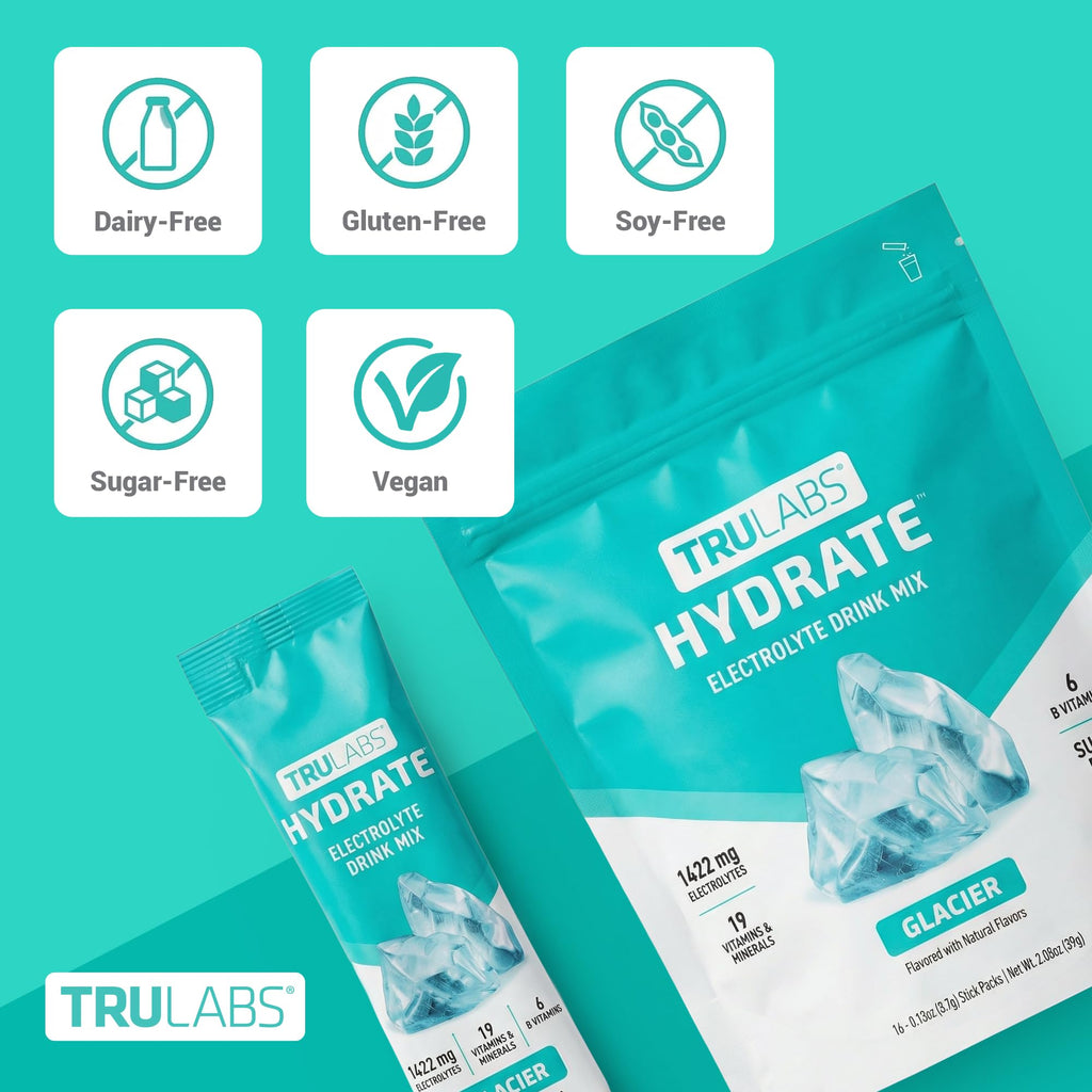 TRULABS Hydrate Electrolyte Drink Mix – Glacier Flavor, Sugar-Free Hydration Packets with 1422 mg Electrolytes & 19 Vitamins & Minerals, Monk Fruit Sweetened, On-the-Go Sticks (16 Count)